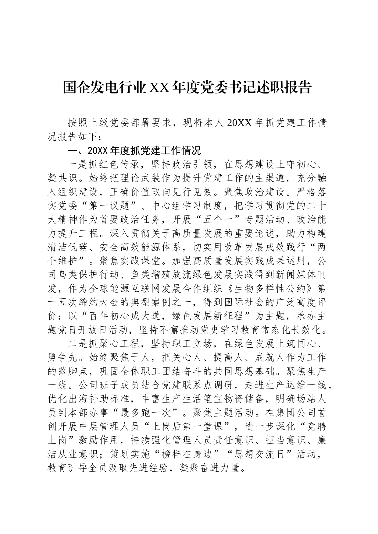 国企发电行业XX年度党委书记述职报告_第1页
