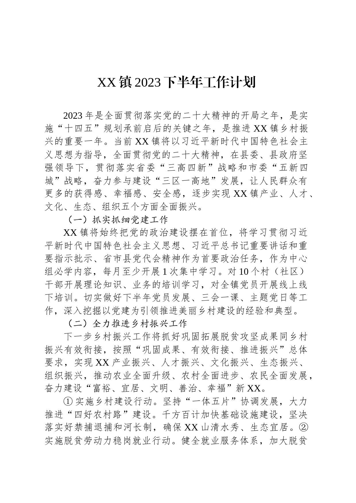 XX镇2023下半年工作计划_第1页