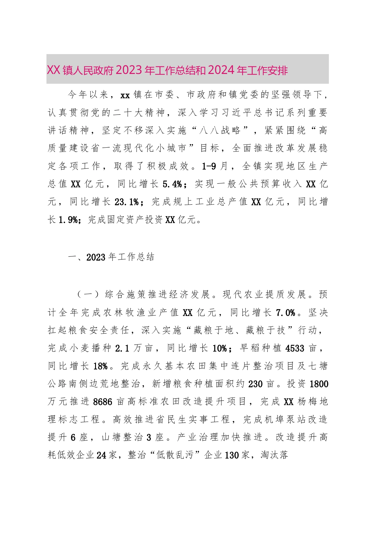 XX镇人民政府 2023年工作总结和2024年工作安排_第1页