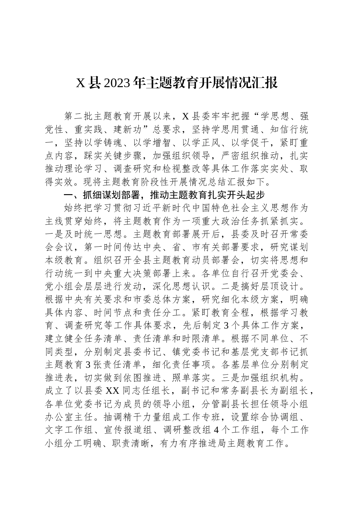 X县2023年主题教育开展情况汇报_第1页