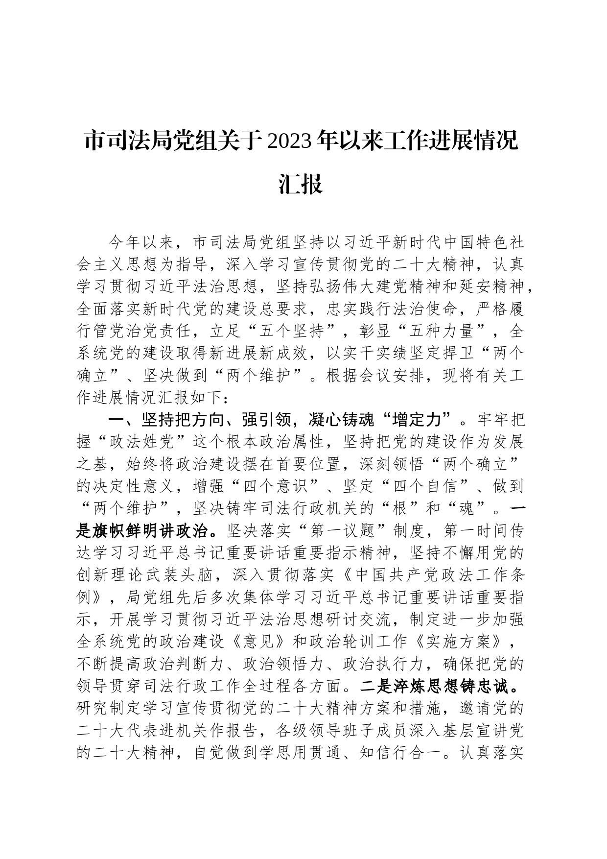 市司法局党组关于2023年以来工作进展情况汇报_第1页