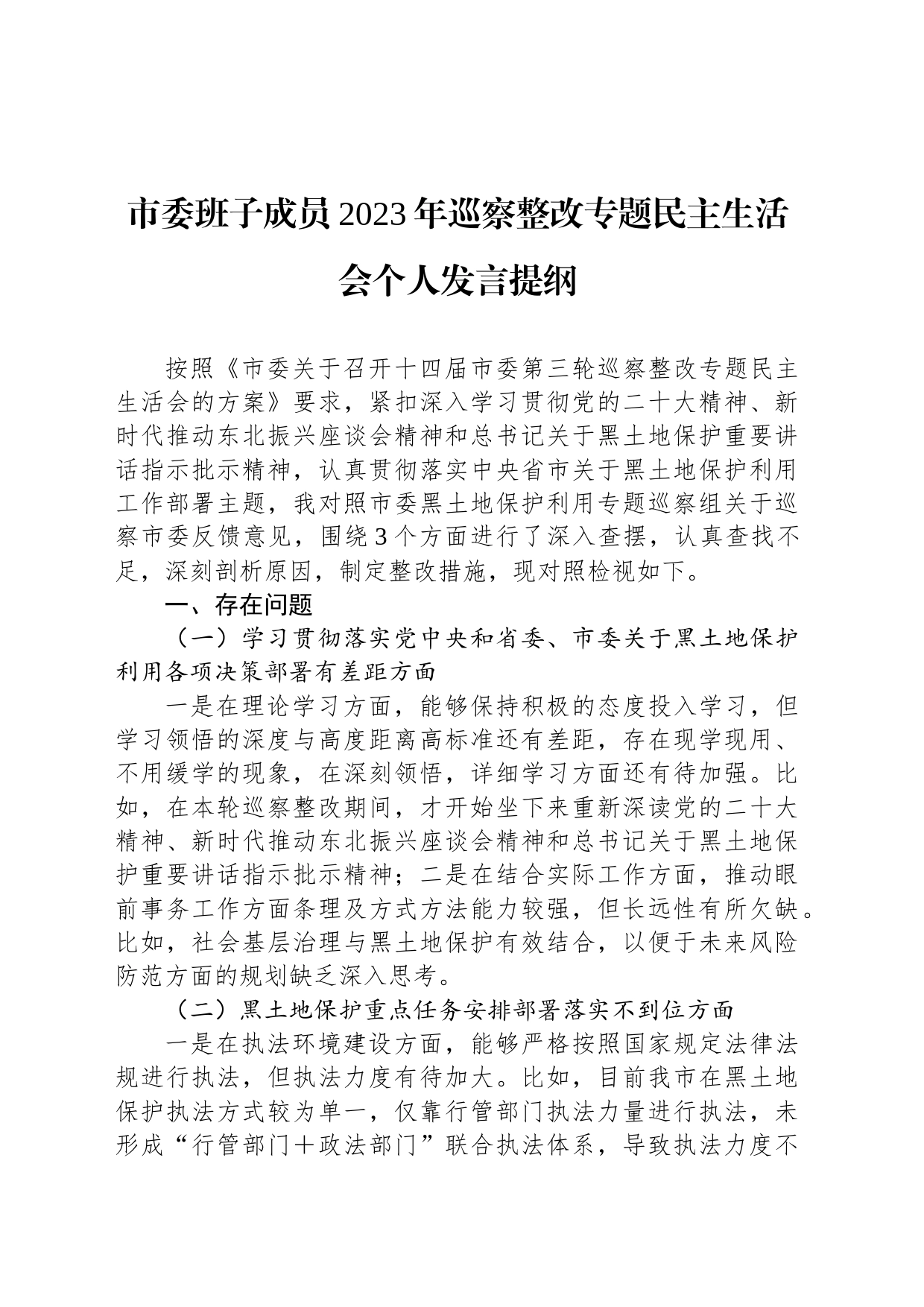 市委班子成员2023年巡察整改专题民主生活会个人发言提纲_第1页