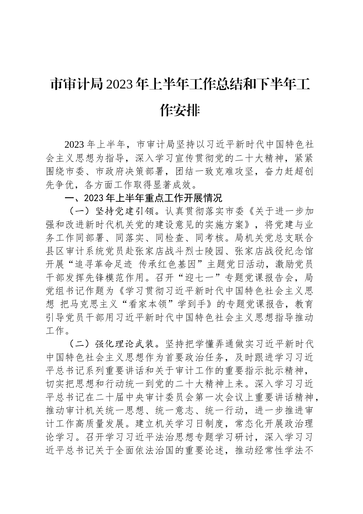 市审计局2023年上半年工作总结和下半年工作安排(20231101)_第1页