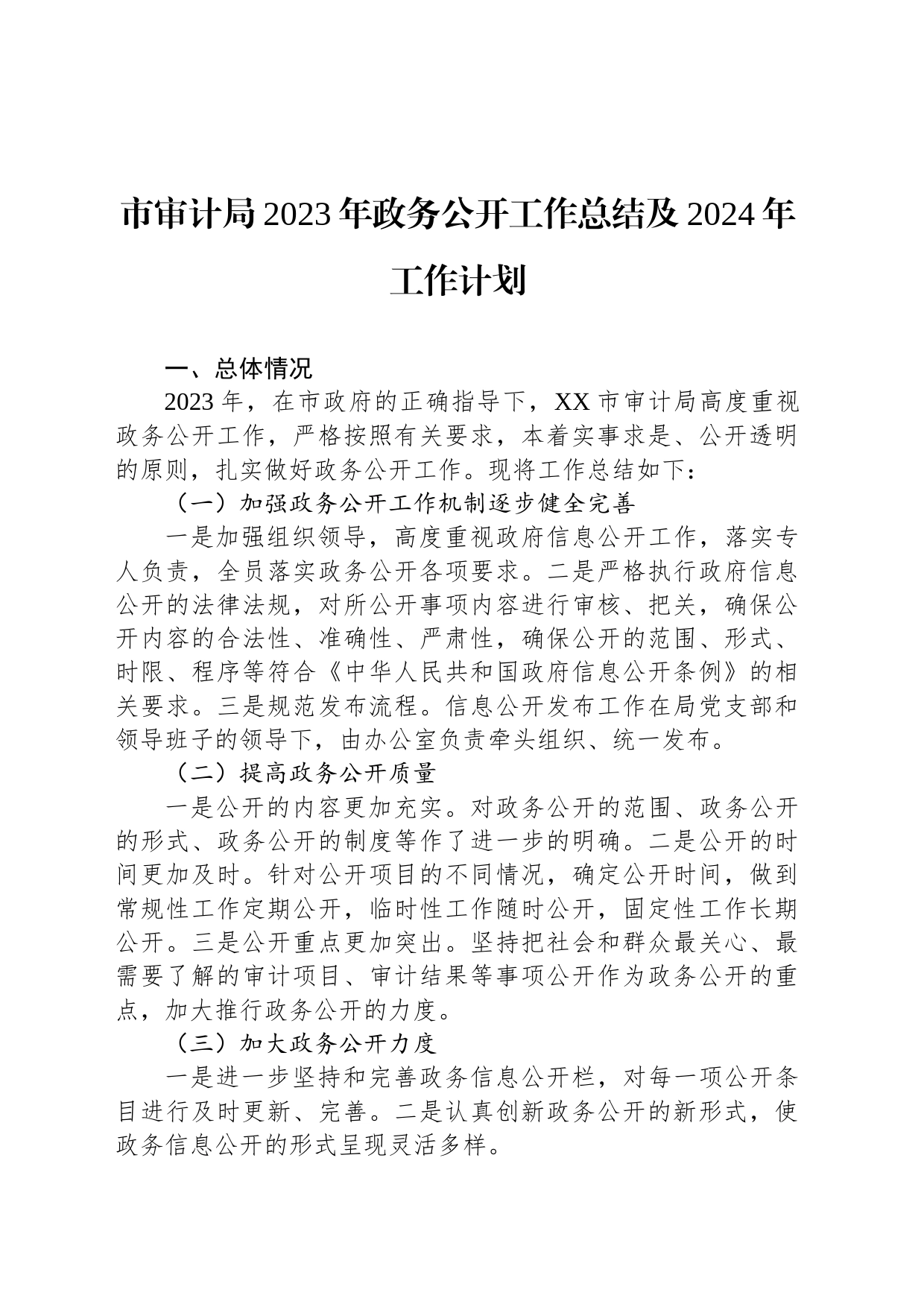 市审计局2023年政务公开工作总结及2024年工作计划(20231222)_第1页