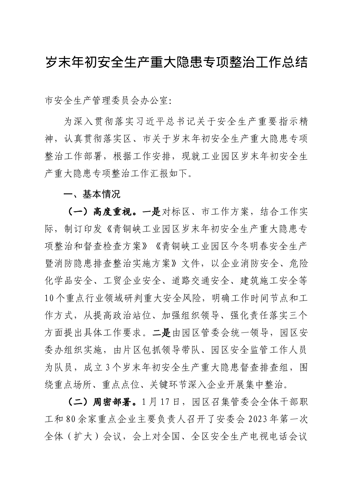 岁末年初安全生产重大隐患专项整治工作小结_第1页