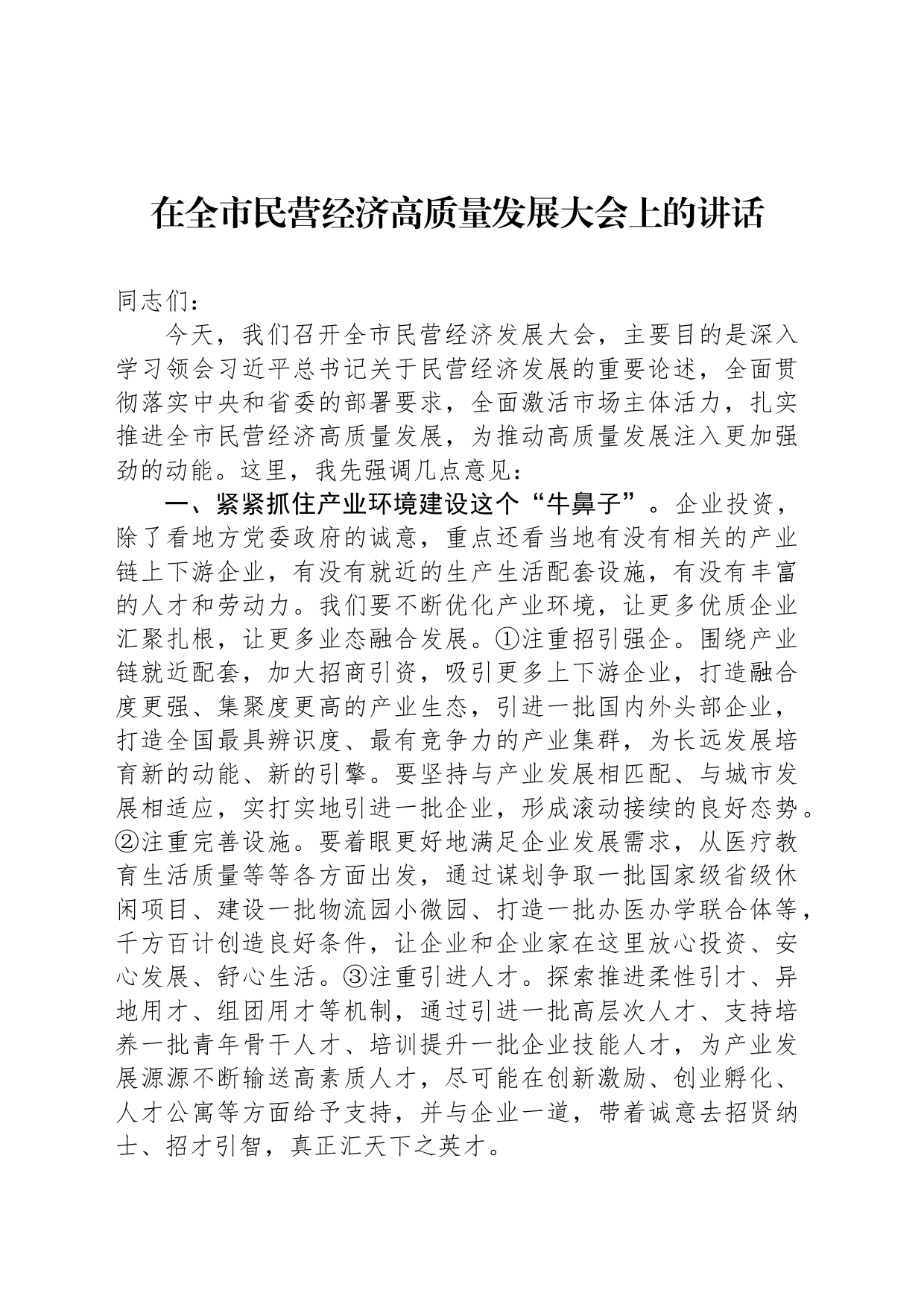 在全市民营经济高质量发展大会上的讲话_第1页