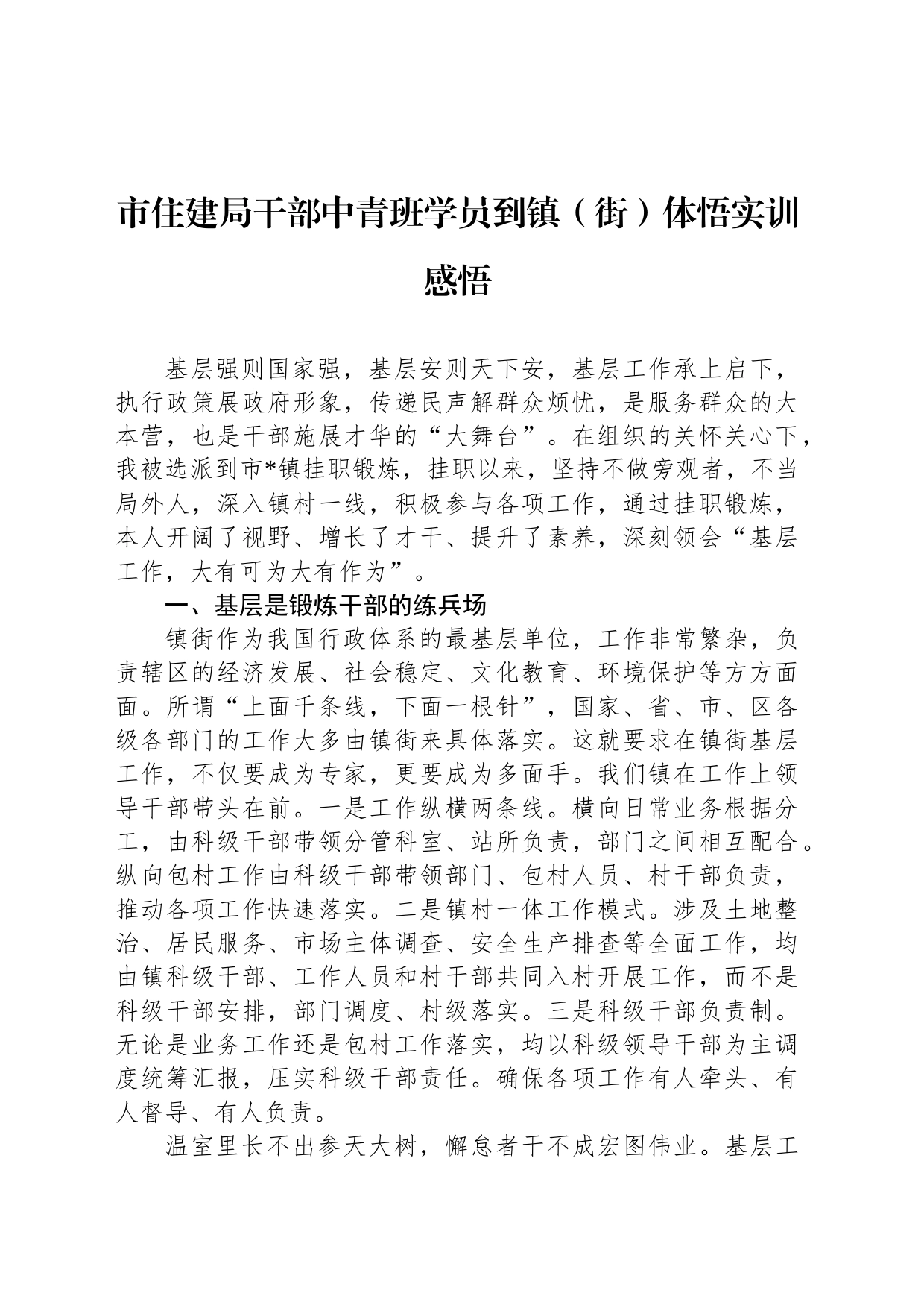 市住建局干部中青班学员到镇（街）体悟实训感悟_第1页