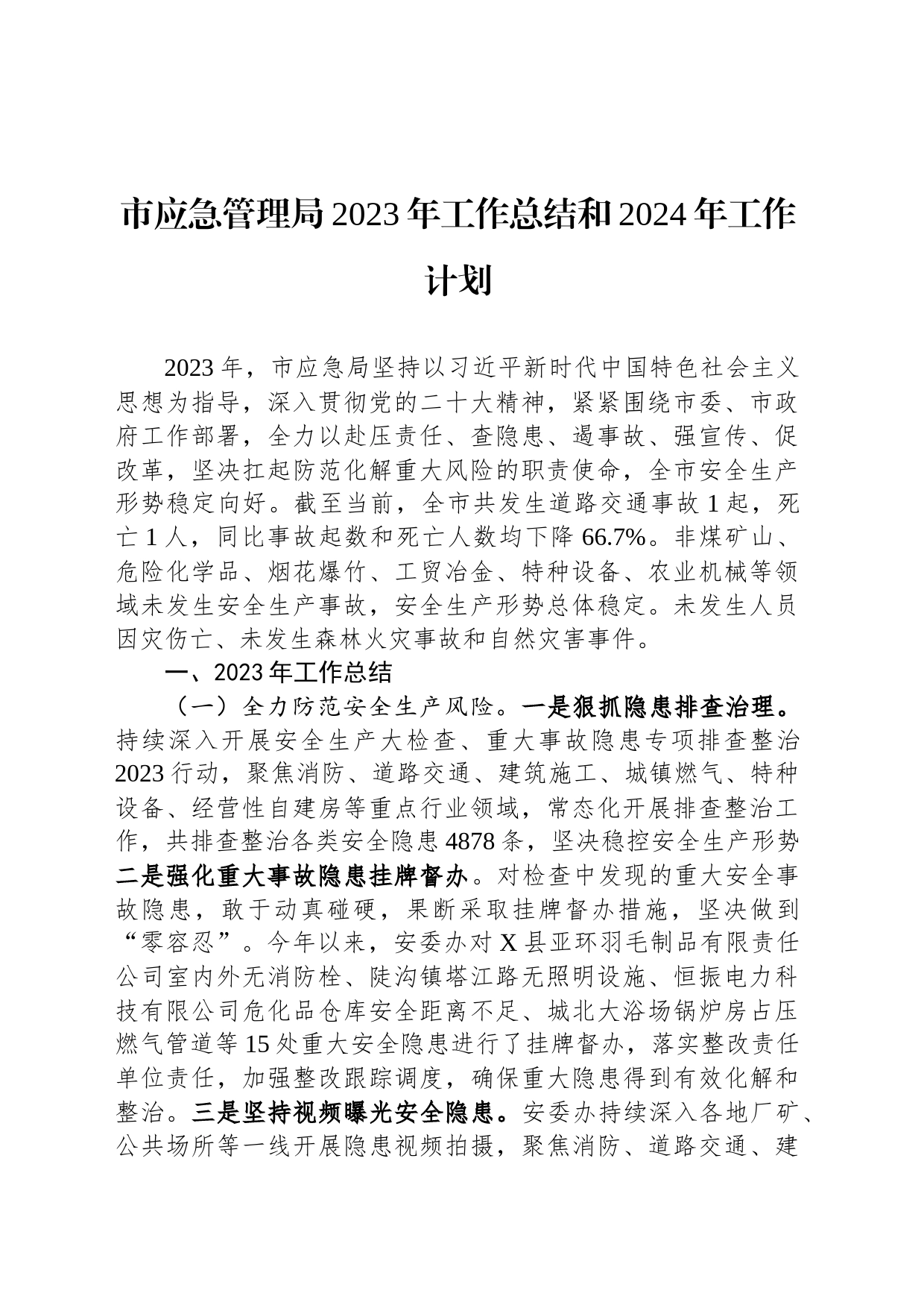 市应急管理局2023年工作总结和2024年工作计划_第1页