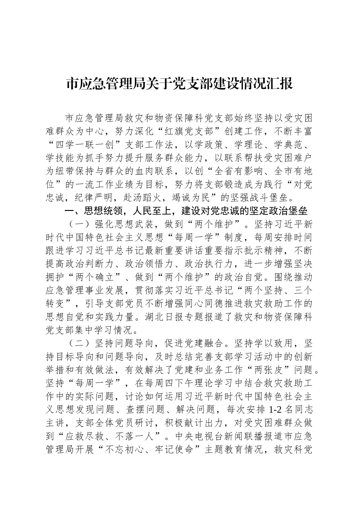 市应急管理局关于党支部建设情况汇报_第1页