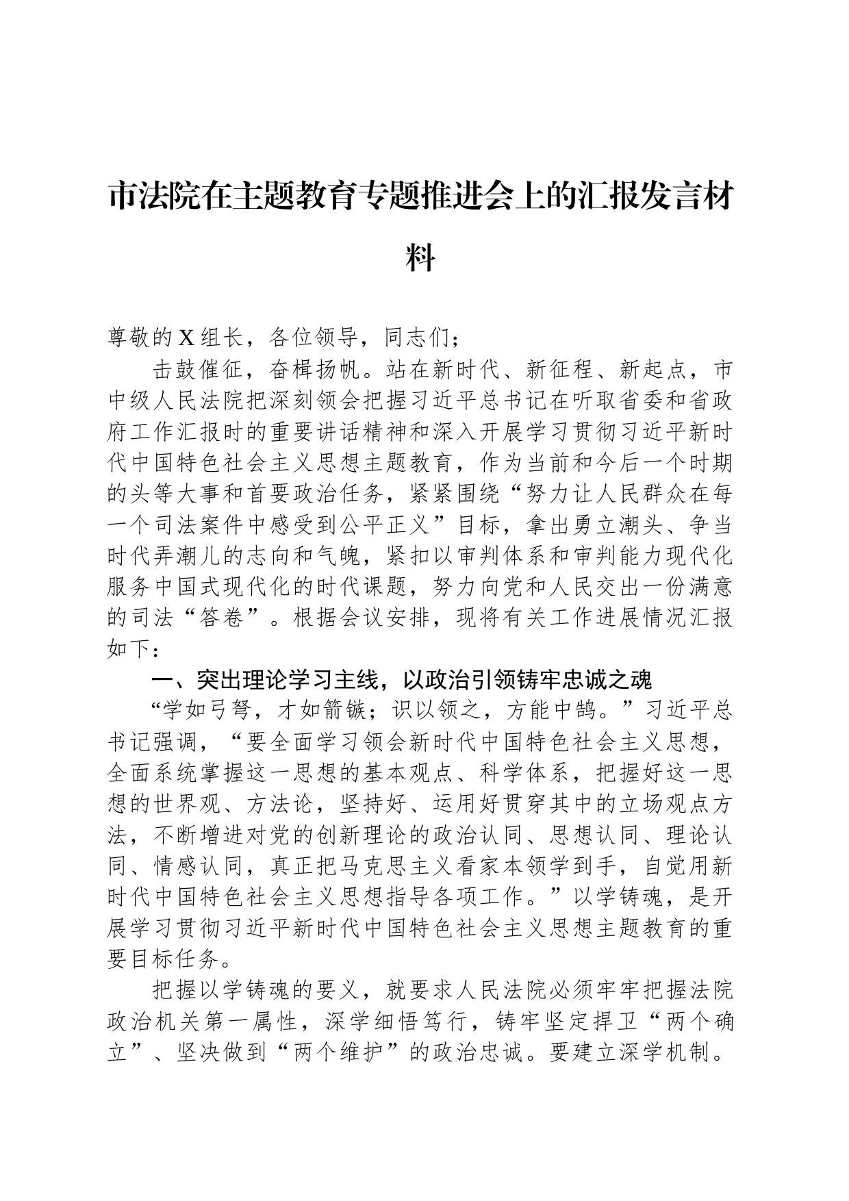市法院在主题教育专题推进会上的汇报发言材料_第1页