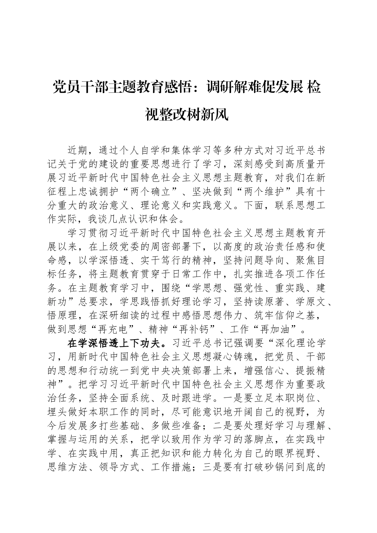 党员干部主题教育感悟：调研解难促发展 检视整改树新风_第1页
