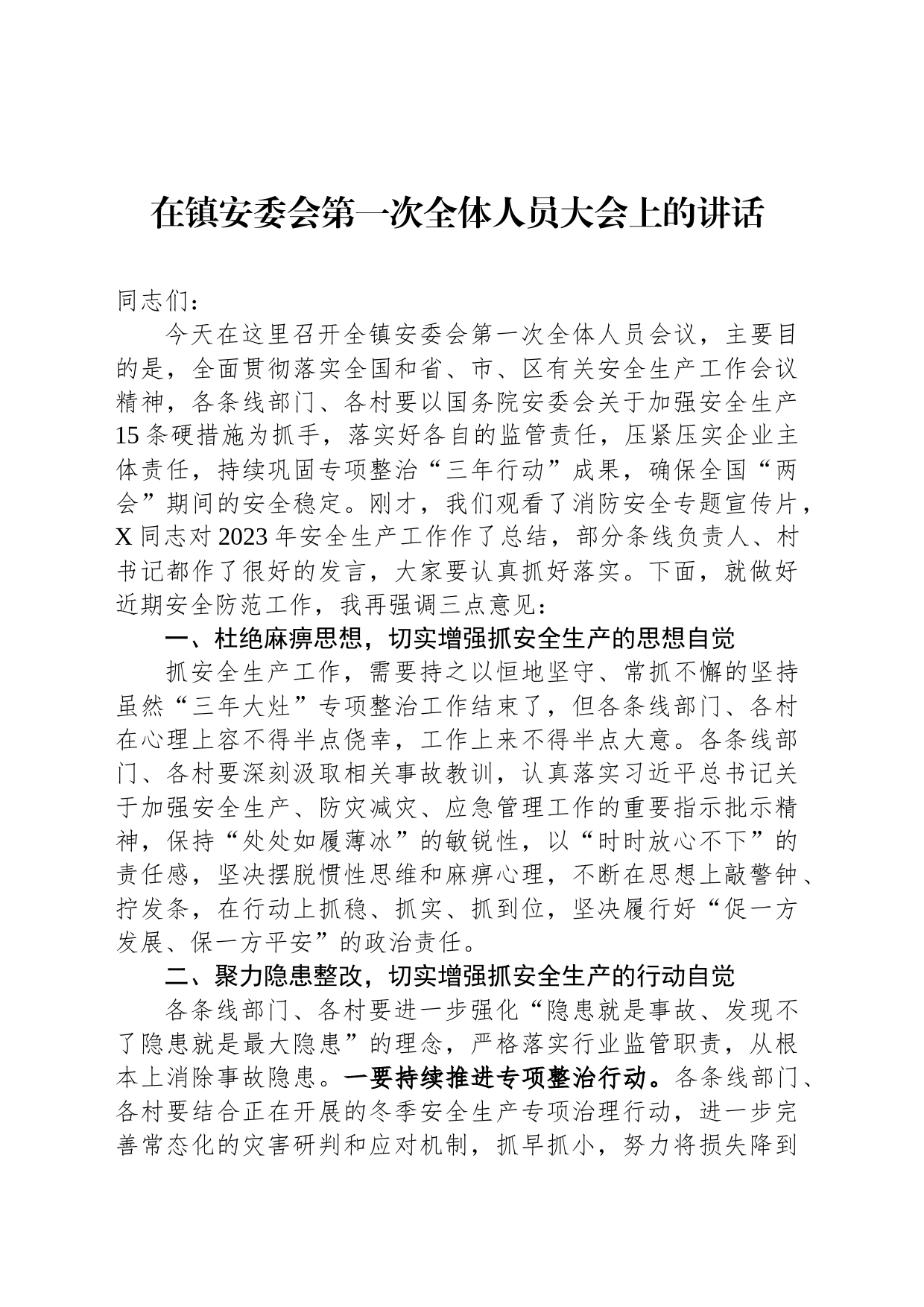 在镇安委会第一次全体人员大会上的讲话_第1页