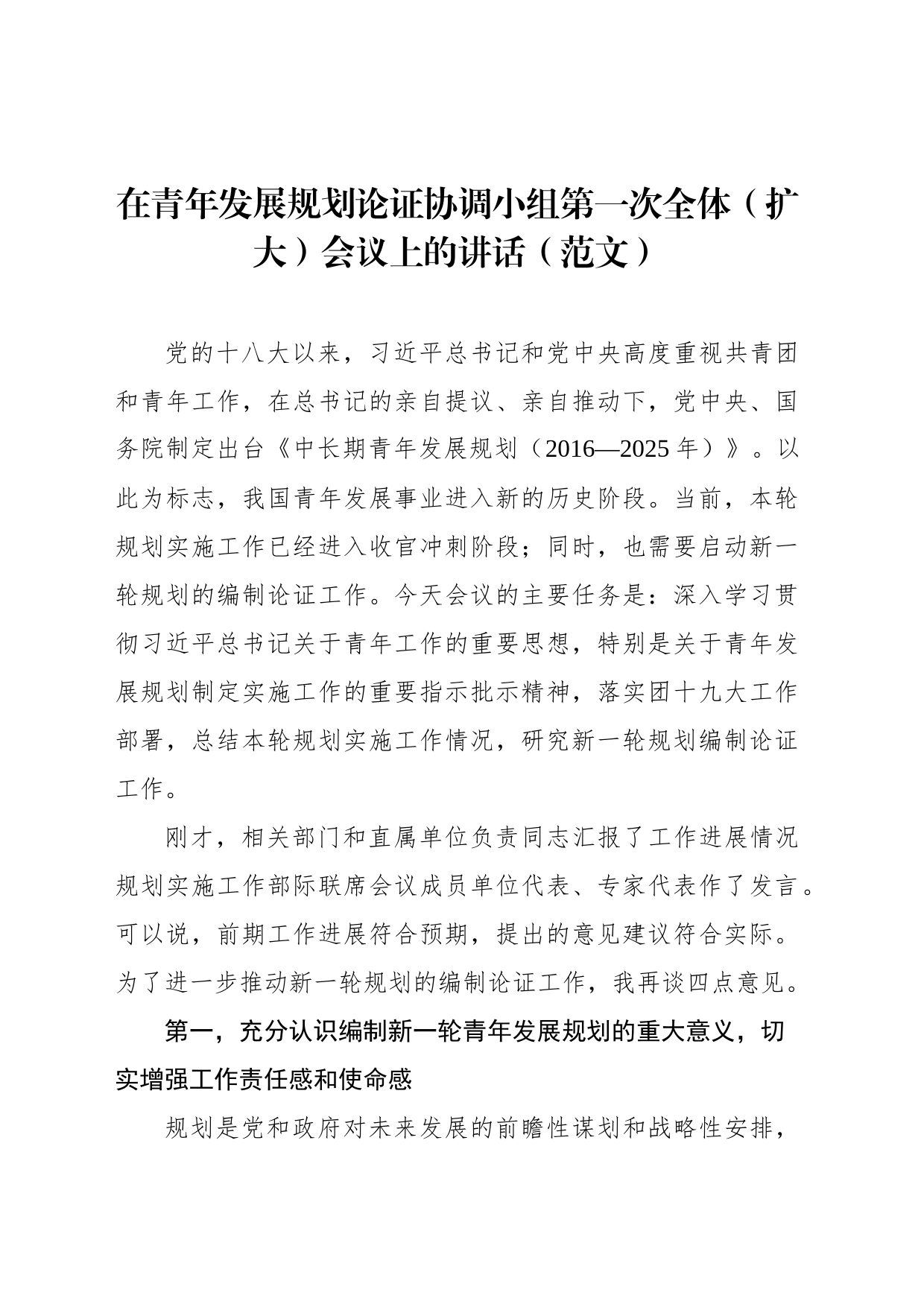 在青年发展规划论证协调小组第一次全体（扩大）会议上的讲话（范文）_第1页