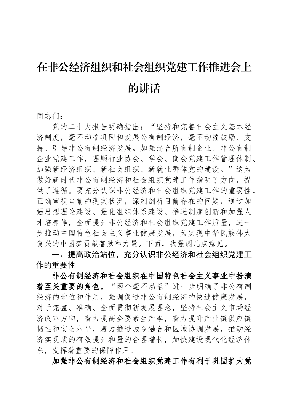 在非公经济组织和社会组织党建工作推进会上的讲话_第1页