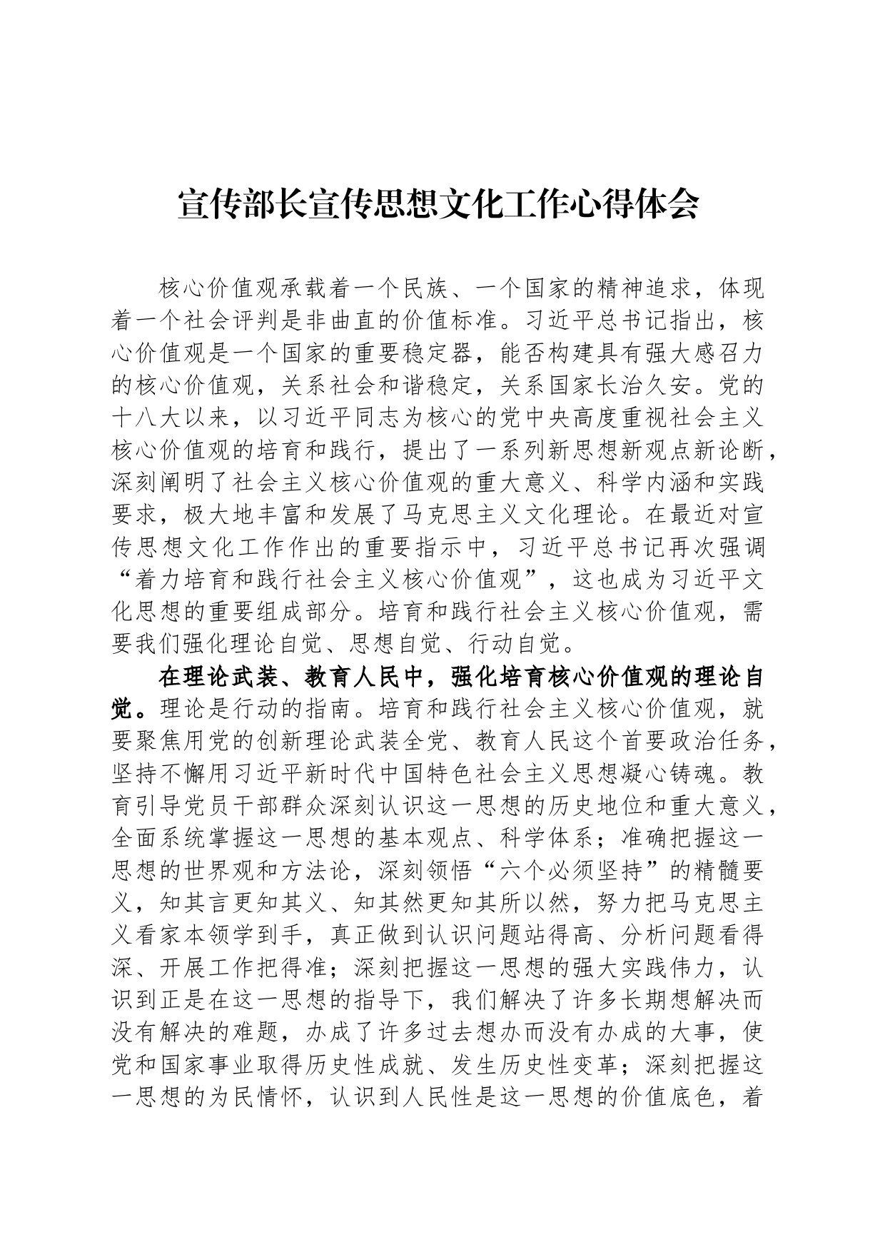 宣传部长宣传思想文化工作心得体会_第1页