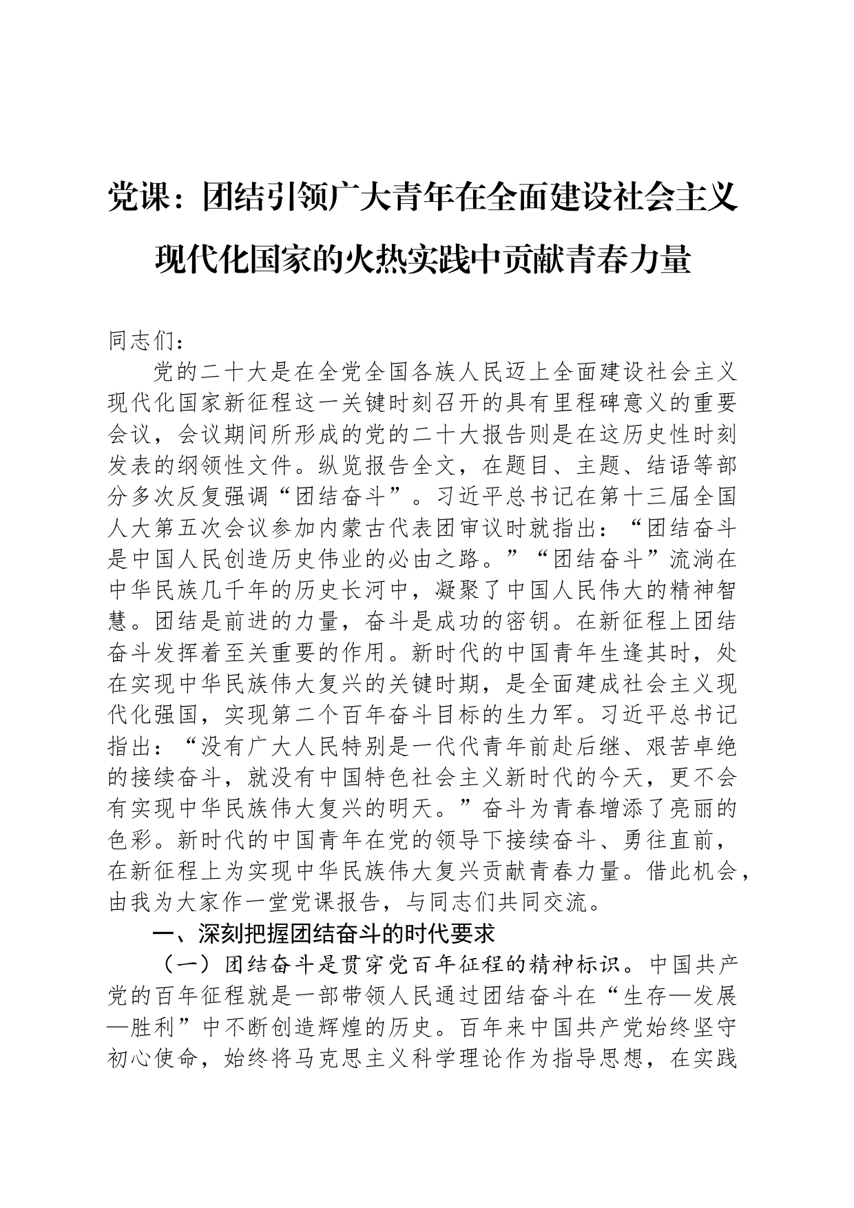 党课：团结引领广大青年在全面建设社会主义现代化国家的火热实践中贡献青春力量_第1页