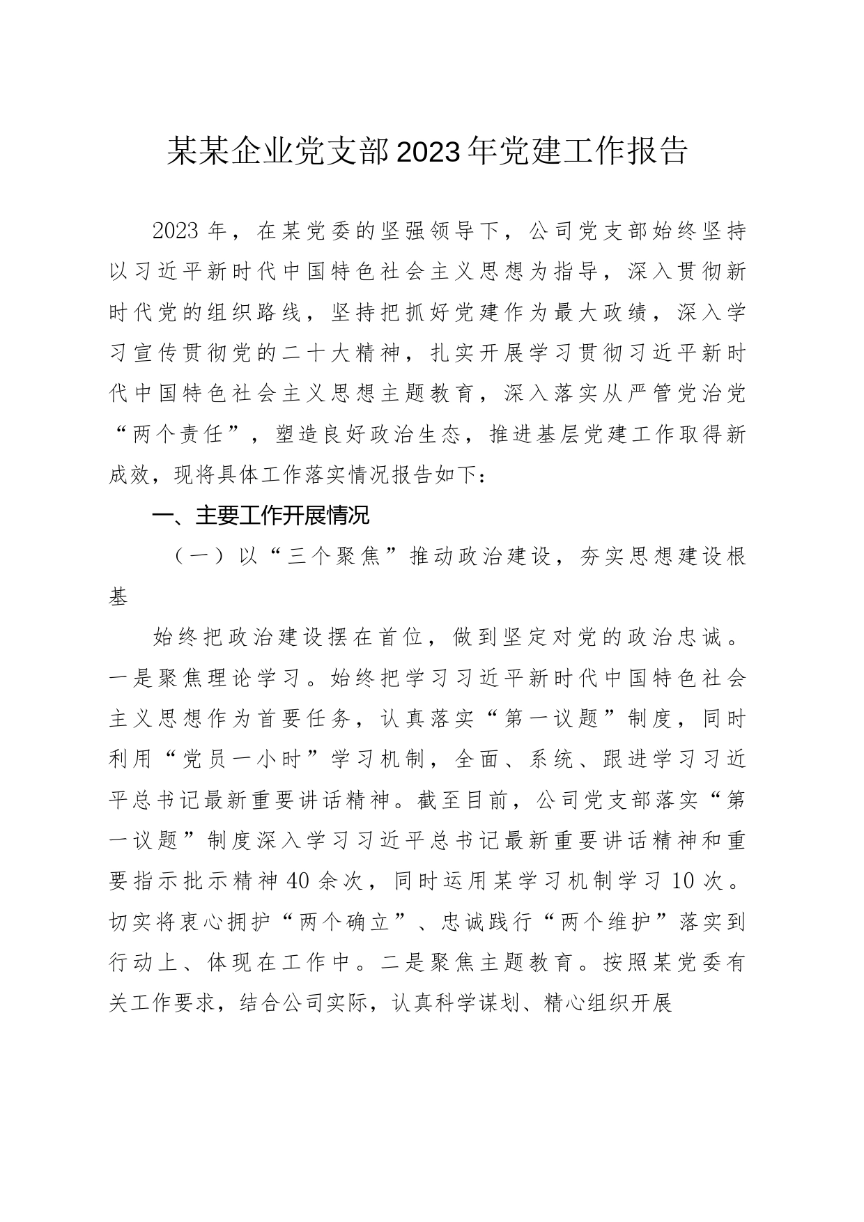 某某企业党支部2023年党建工作报告_第1页