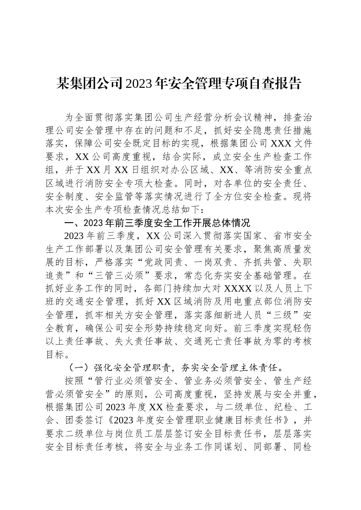 某集团公司2023年安全管理专项自查报告_第1页