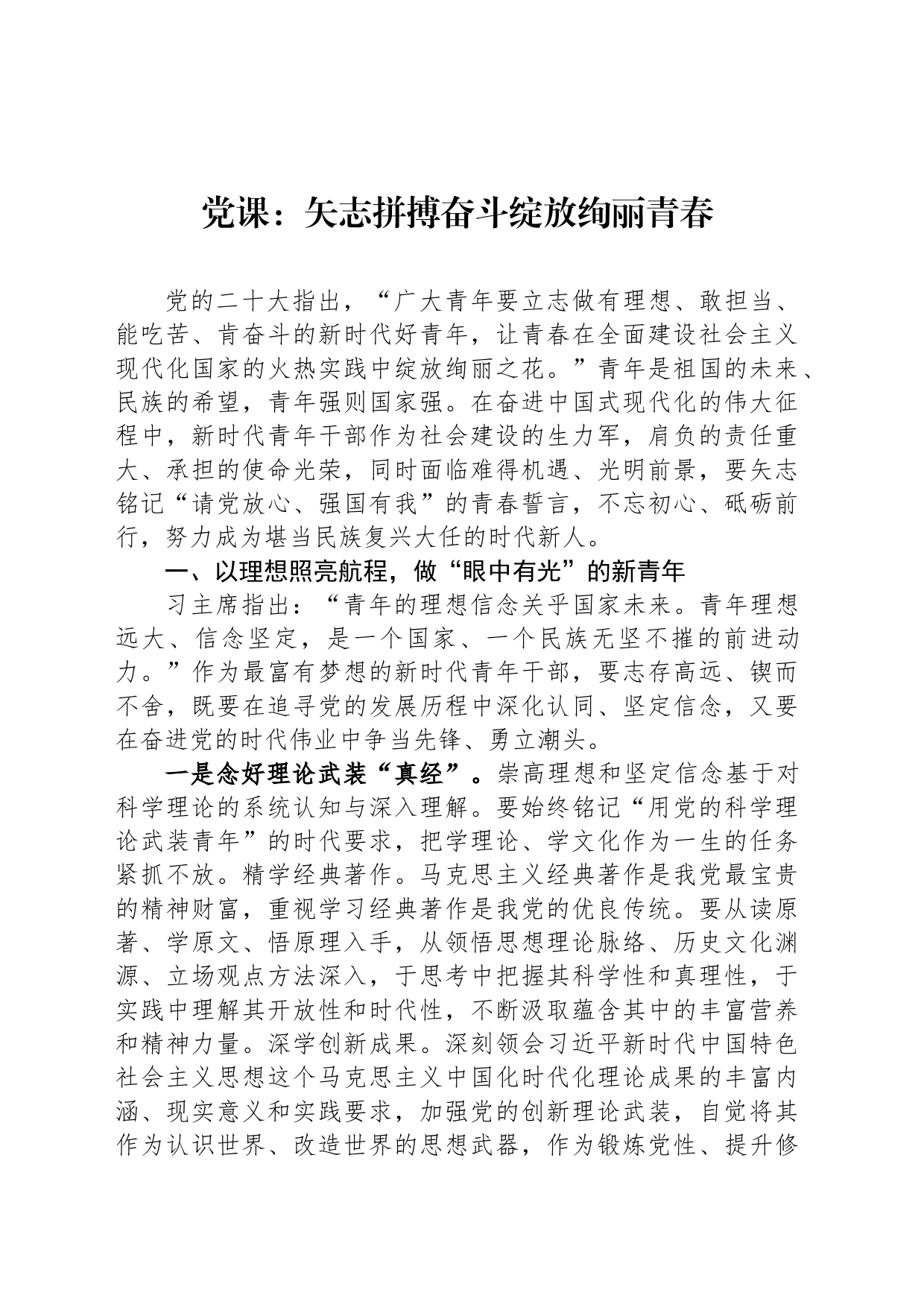 党课：矢志拼搏奋斗绽放绚丽青春_第1页