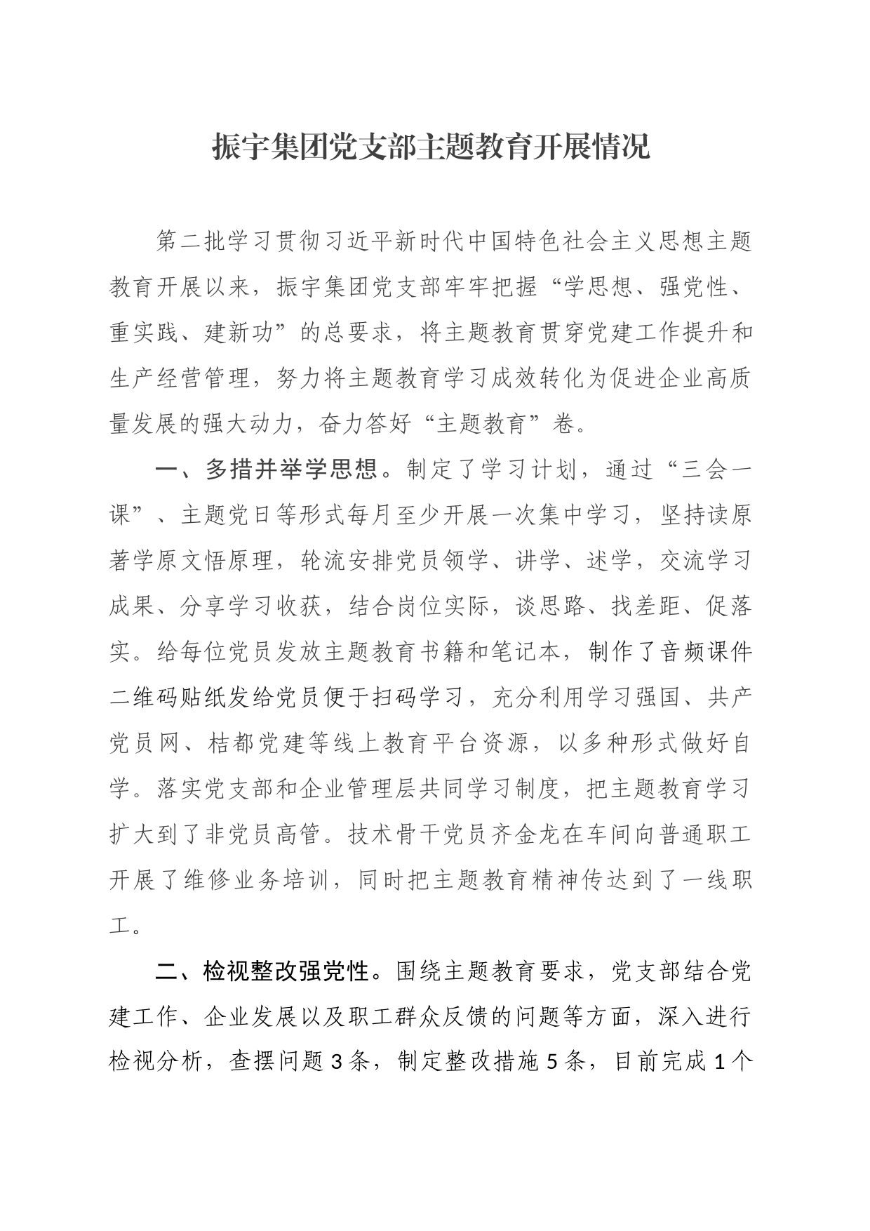 振宇集团党支部主题教育开展情况_第1页