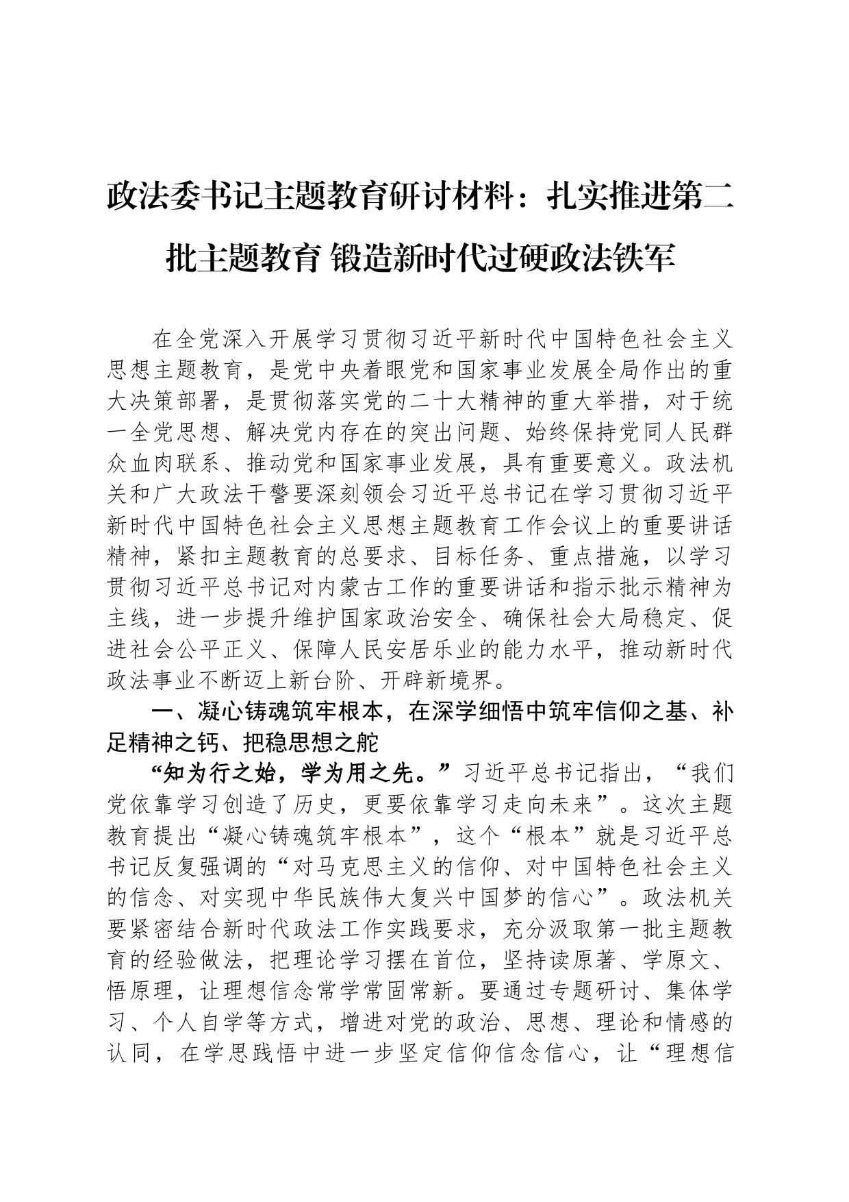 政法委书记主题教育研讨材料：扎实推进第二批主题教育 锻造新时代过硬政法铁军_第1页