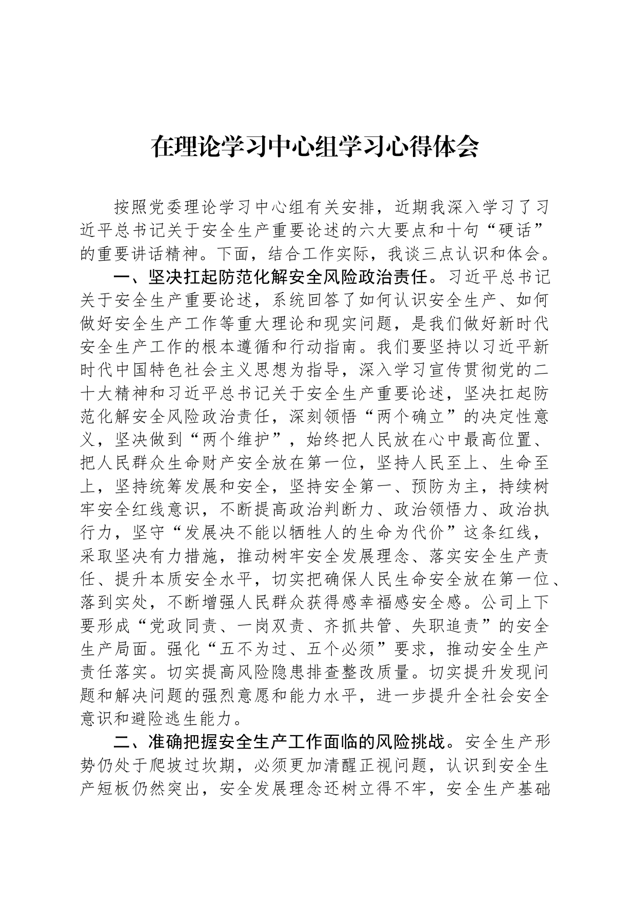 理论学习中心组安全生产重要论述心得体会_第1页