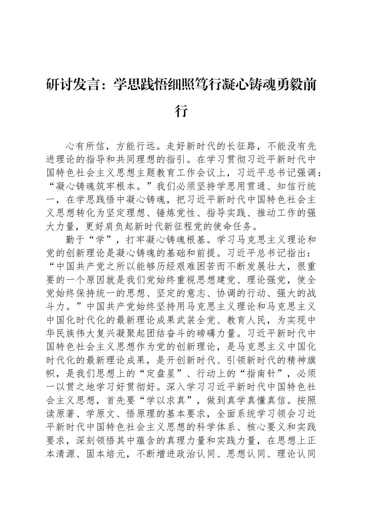 研讨发言：学思践悟细照笃行凝心铸魂勇毅前行_第1页