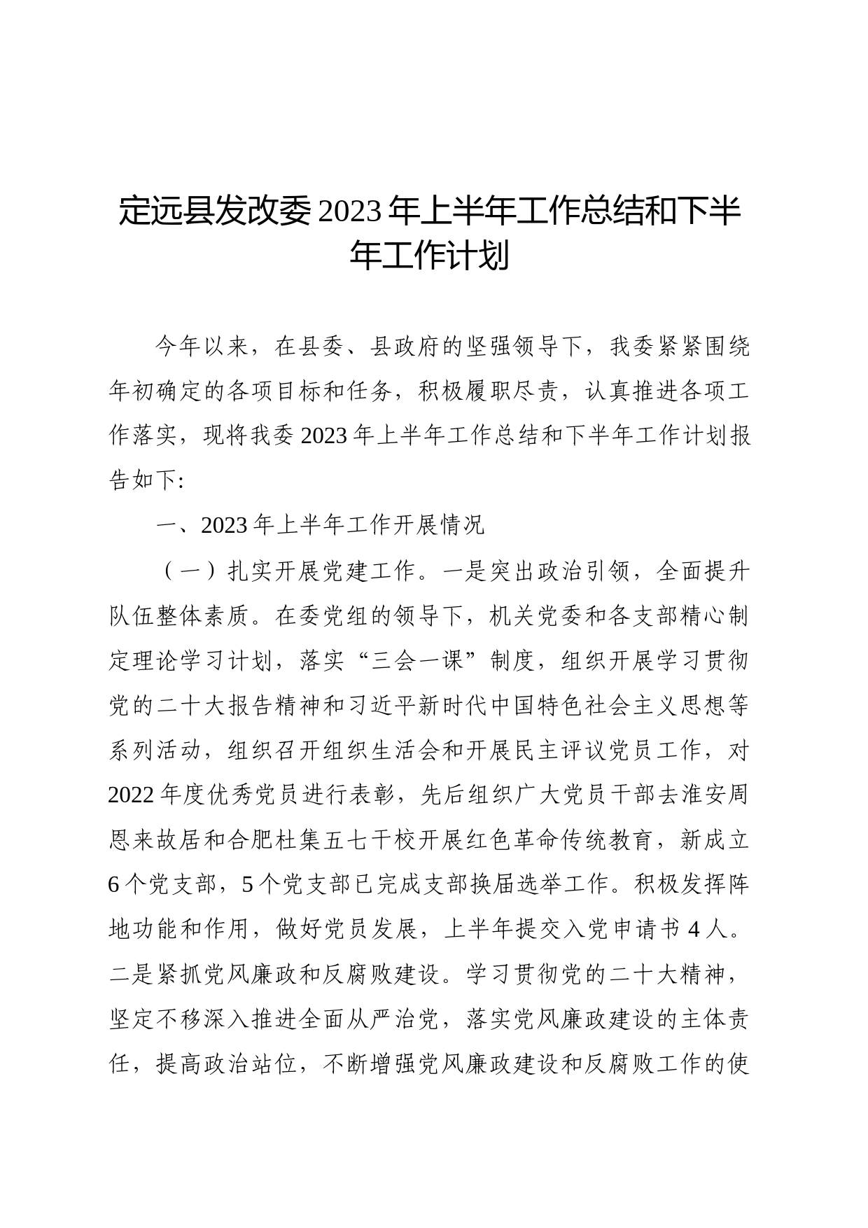 定远县发改委2023年上半年工作总结和下半年工作计划_第1页
