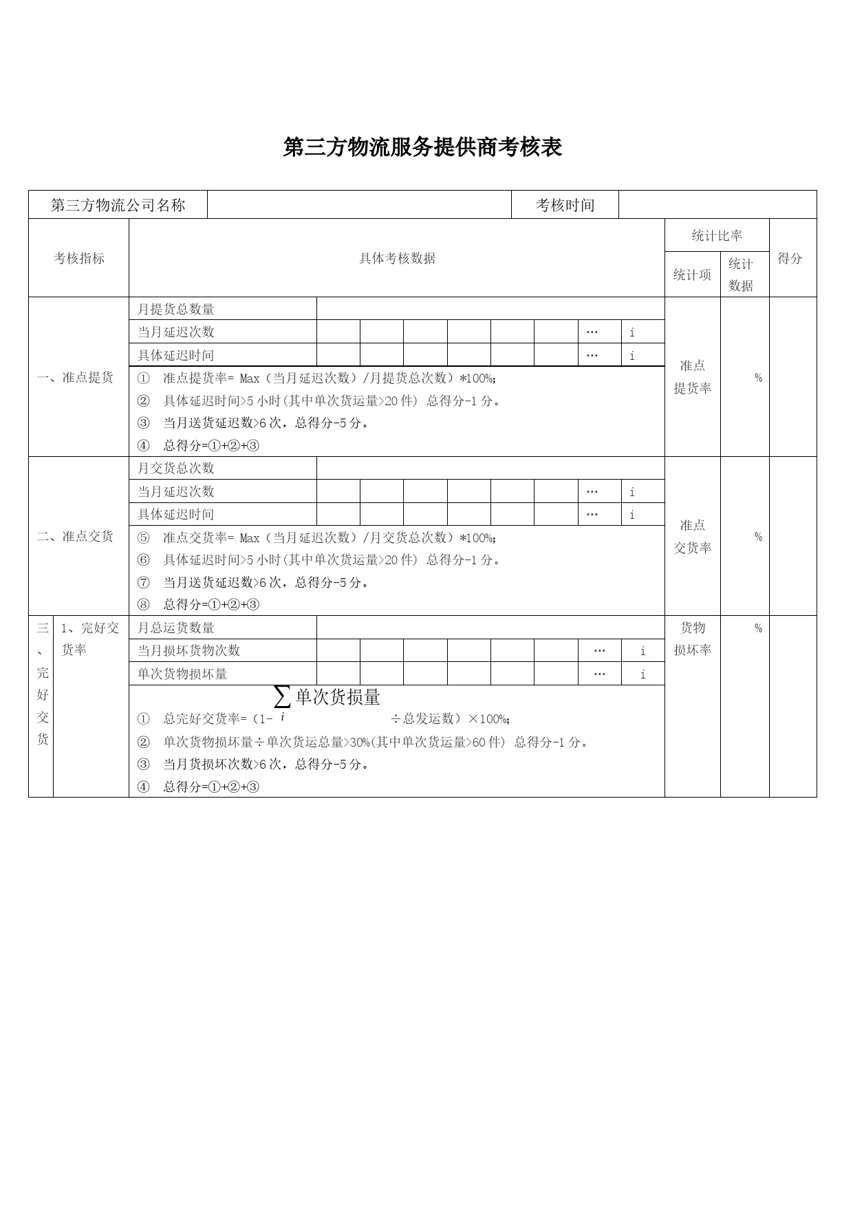 第三方物流服务提供商考核表_第1页