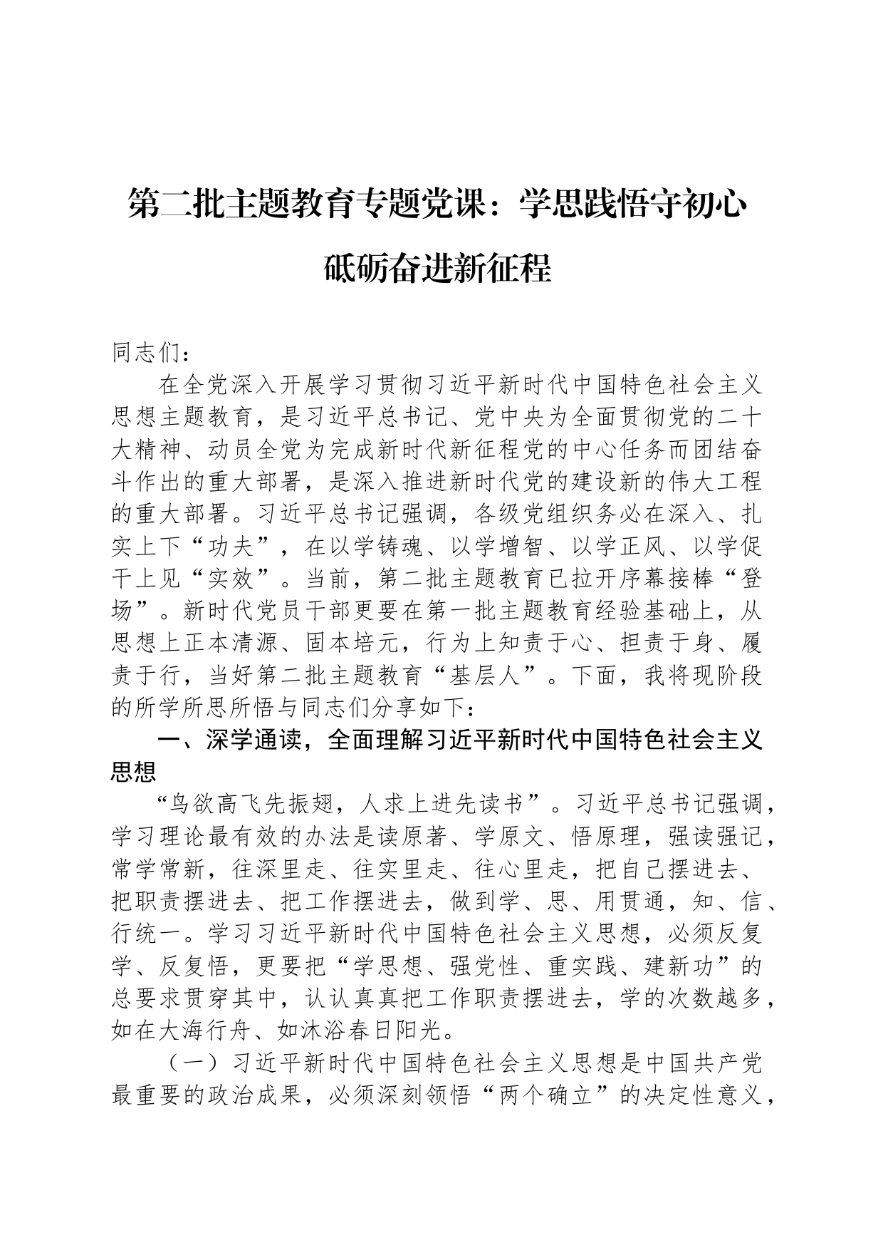 第二批主题教育专题党课：学思践悟守初心 砥砺奋进新征程_第1页