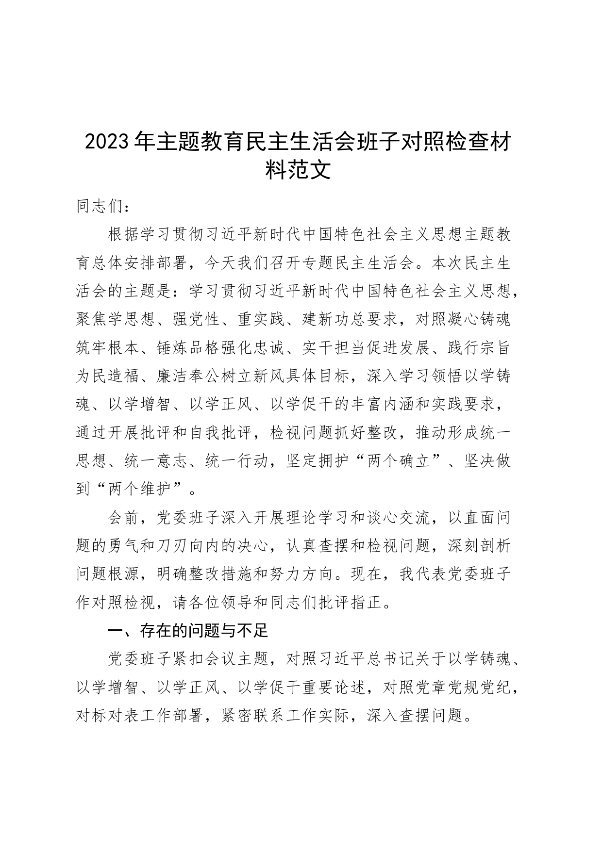主题教育民主生活会班子对照检查材料（学习、素质、能力等、以学铸魂、政绩观等方面，检视剖析，六个方面发言提纲20230911）_第1页