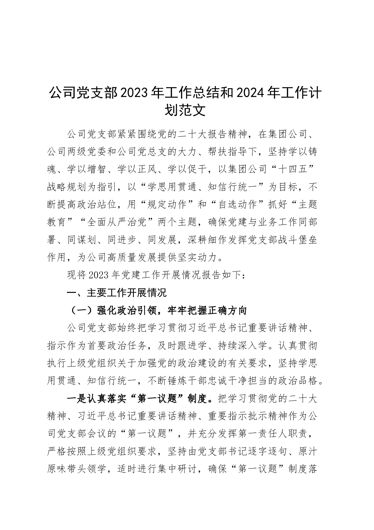 公司党支部2023年工作总结和2024年工作计划（国有企业党建汇报报告，含问题）_第1页