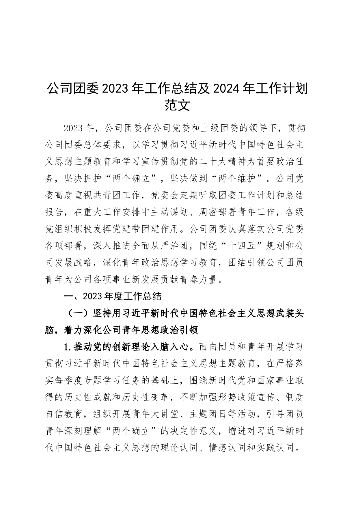 公司团委2023年工作总结及2024年工作计划国有企业共青团汇报报告_第1页