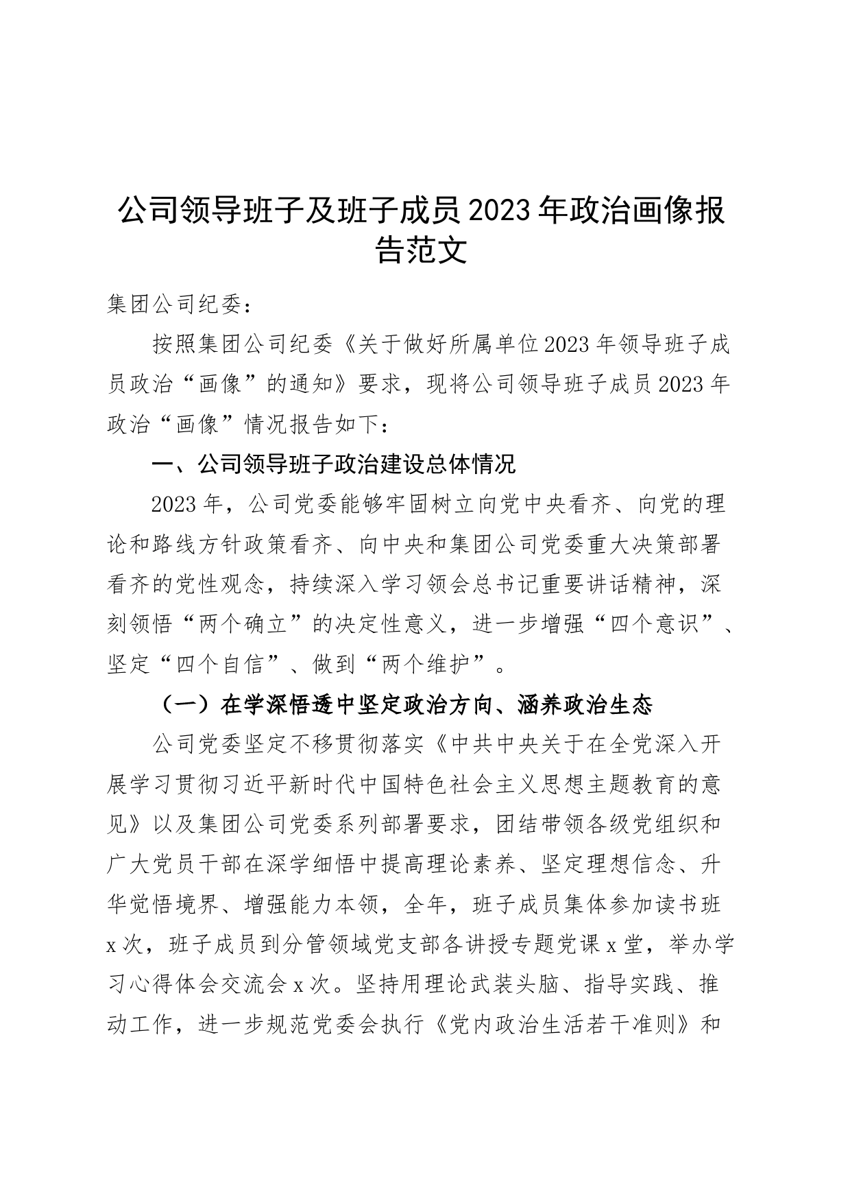 公司领导班子及班子成员2023年政治画像报告建设表现总结含问题国有企业20231213_第1页