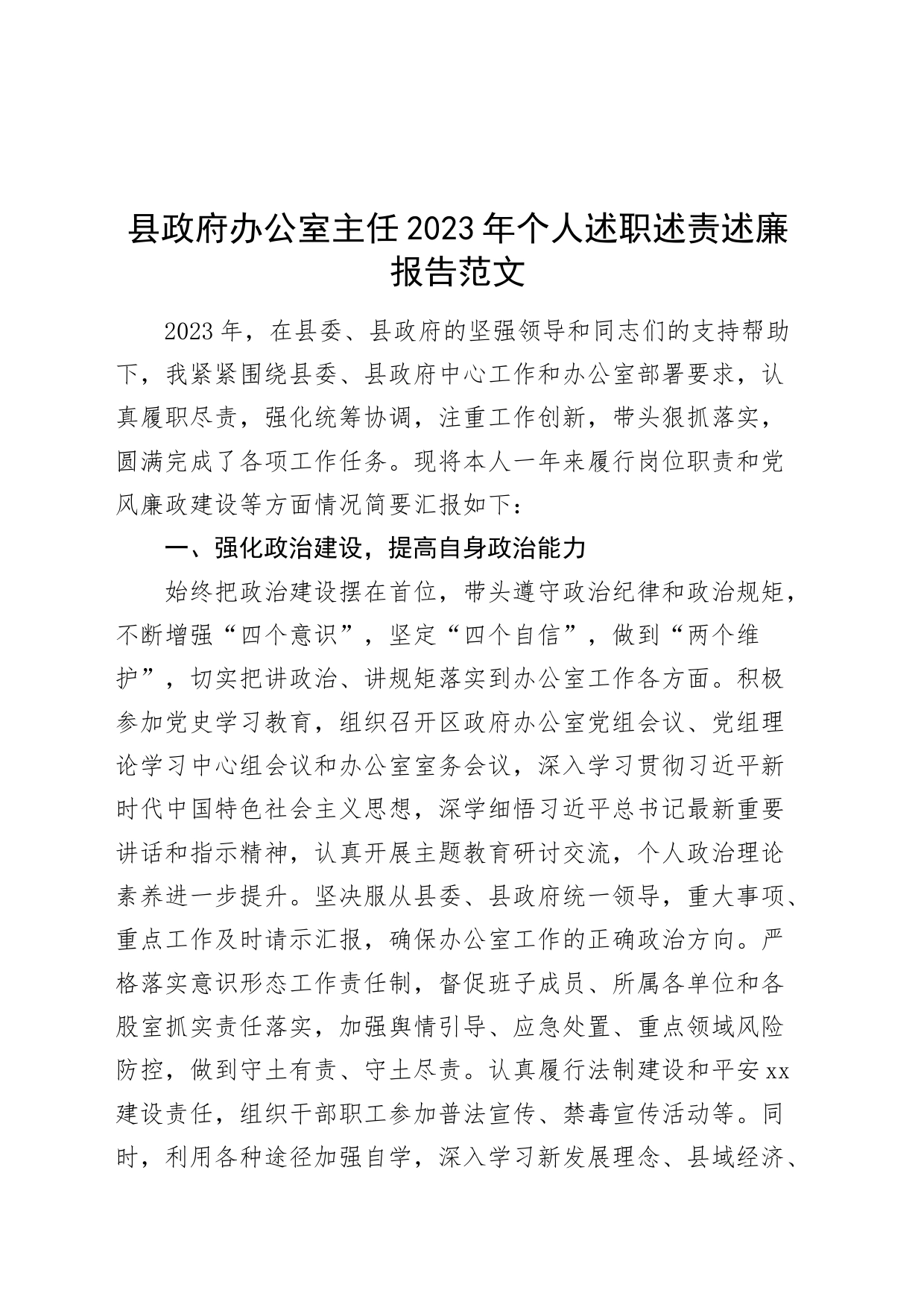 县政府办公室主任2023年个人述职述责述廉报告工作总结汇报_第1页