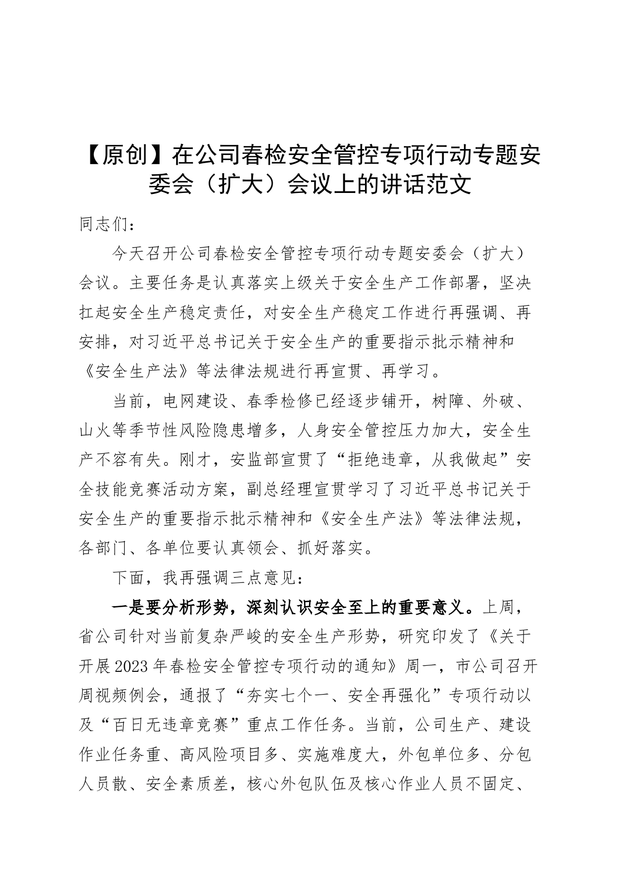 在公司春检安全管控专项行动专题安委会扩大会议上的讲话国有企业生产电网供电_第1页