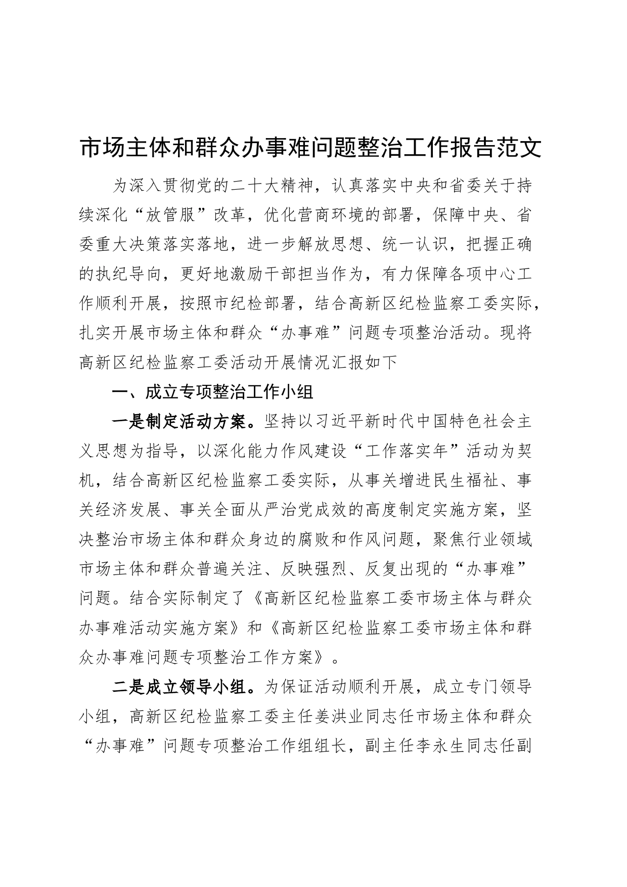 市场主体和群众办事难问题整治工作报告总结汇报_第1页