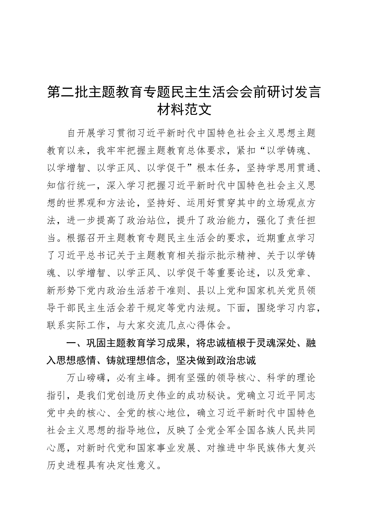 第二批主题教育民主生活会会前研讨发言材料_第1页