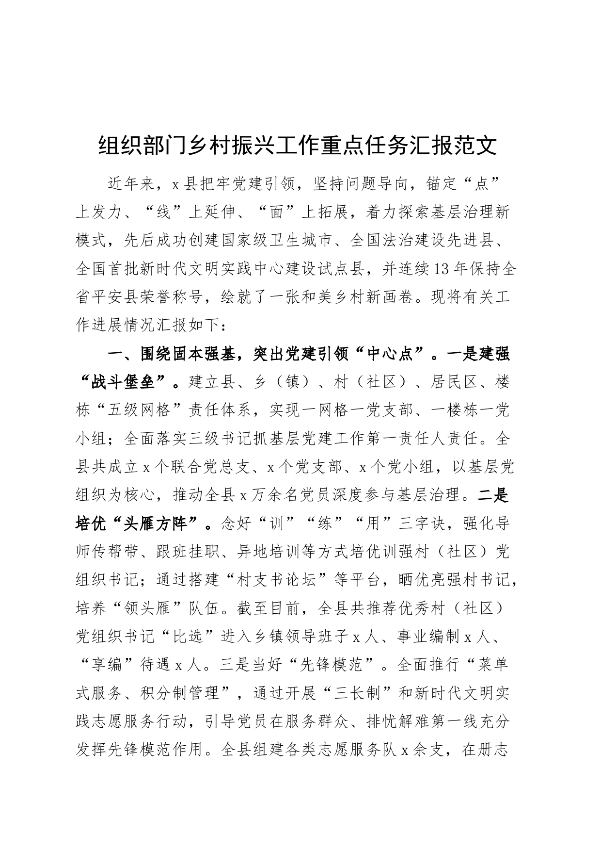 组织部门乡村振兴工作重点任务汇报经验材料总结报告_第1页