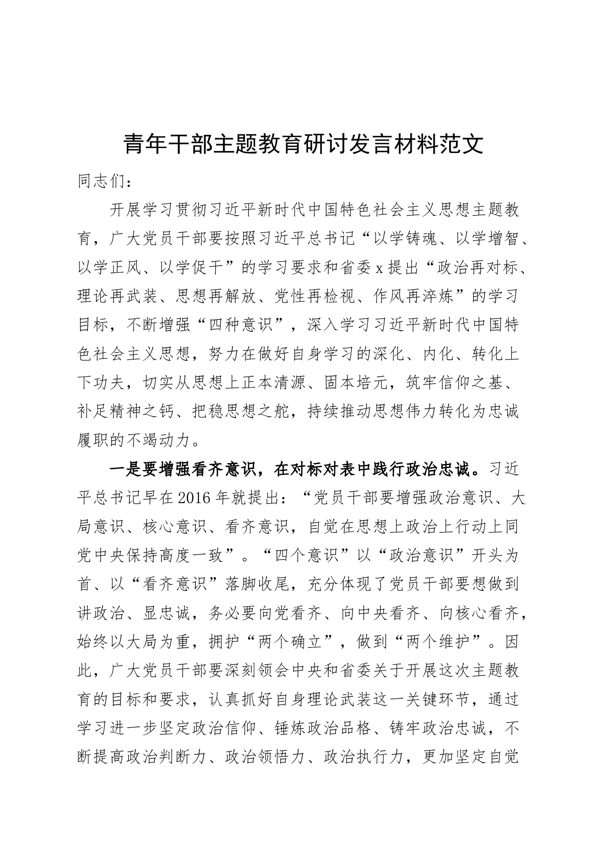青年干部主题教育研讨发言材料题心得体会主要_第1页