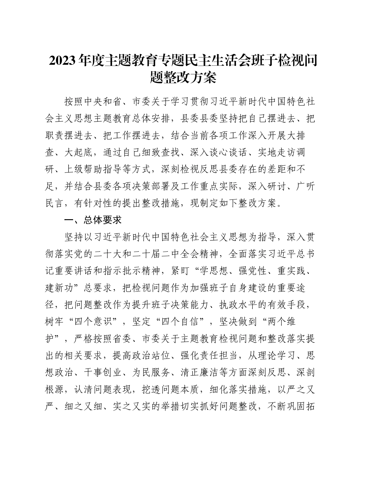 2023年度主题教育专题民主生活会班子检视问题整改方案_第1页