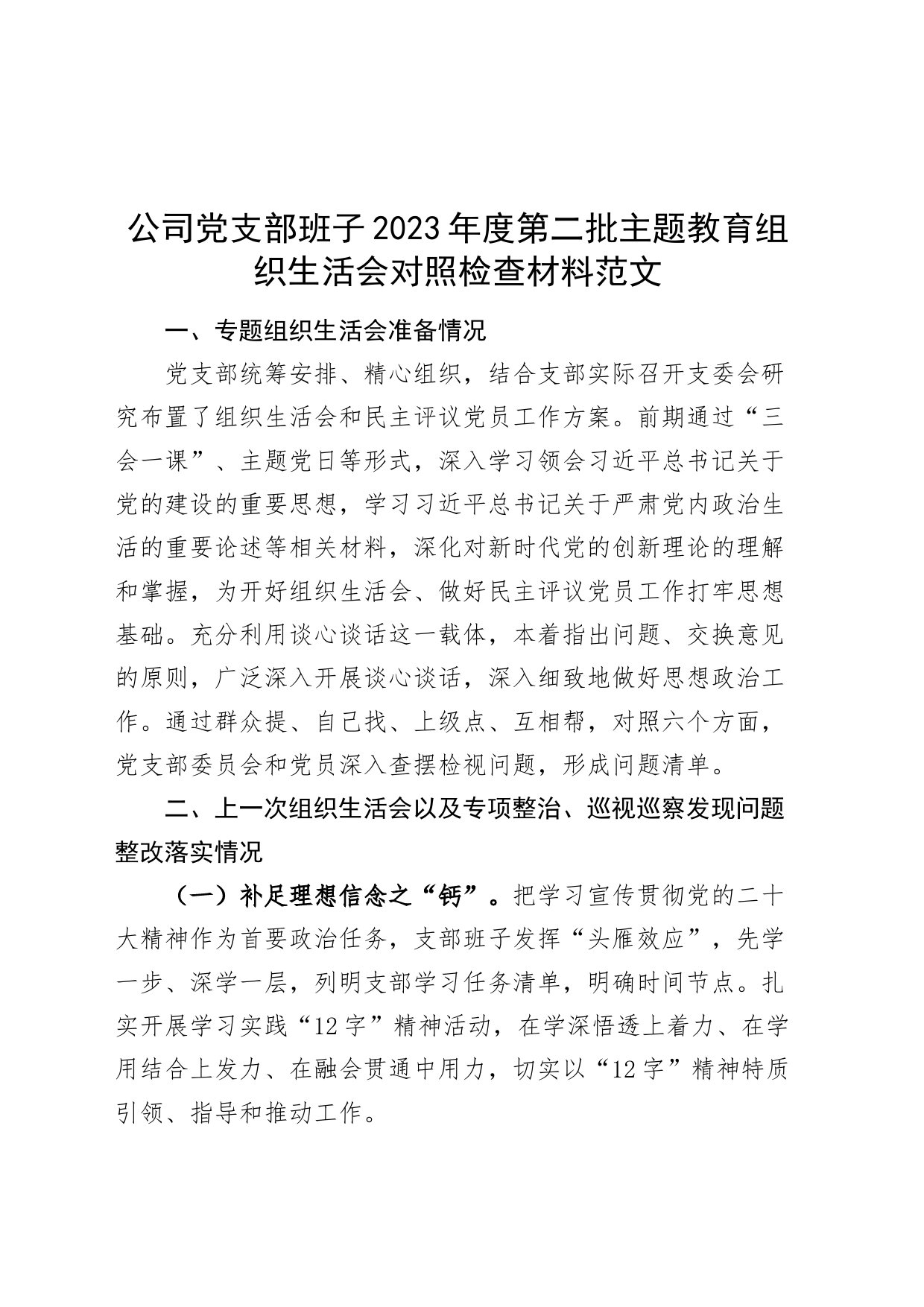 【班子】公司党支部班子2023年度主题教育民主生活会检查材料（含准备情况、上年度整改、本年度工作汇报总结报告，六个自觉坚定方面，思想，维护权威领导，全面从严责任等，发言提纲，检视剖析第二批次对照国有企业）_第1页