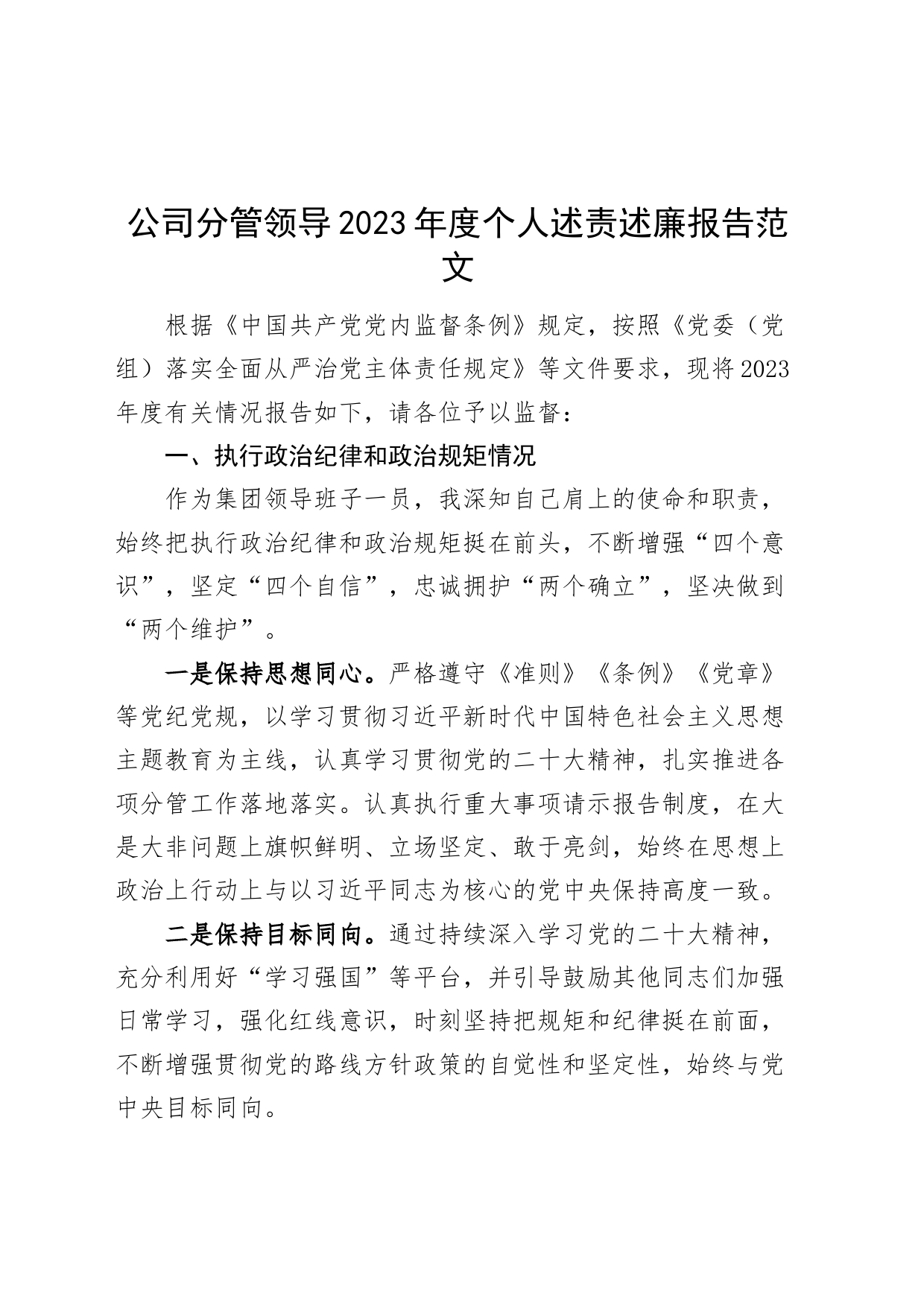 公司分管领导2023年度个人述责述廉报告（纪律规矩，国有企业班子成员）_第1页