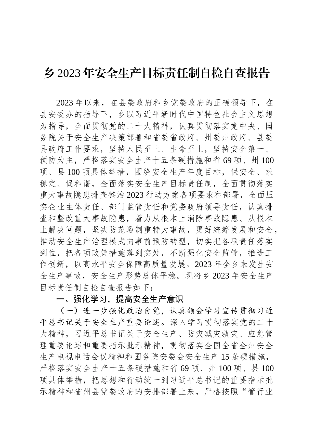 乡2023年安全生产目标责任制自检自查报告_第1页