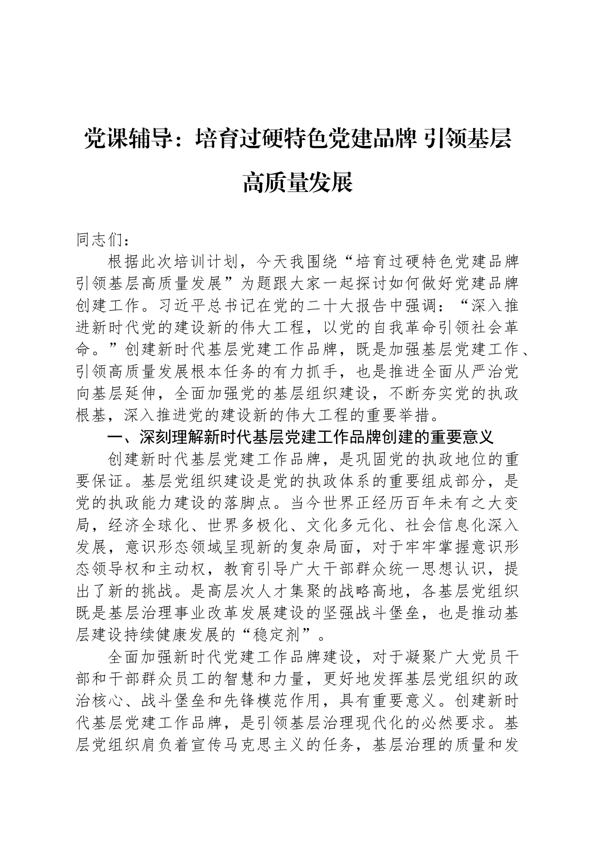 党课辅导：培育过硬特色党建品牌 引领基层高质量发展_第1页