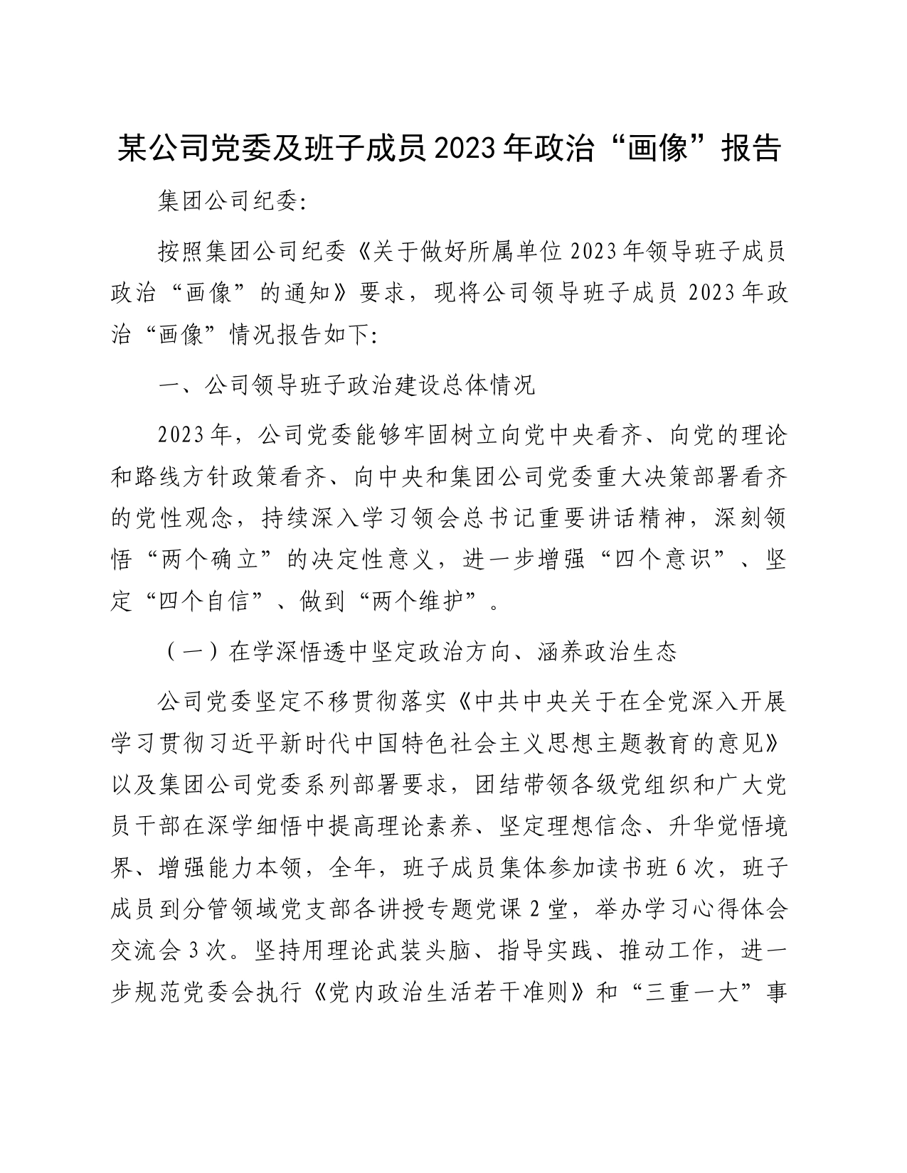 某公司党委及班子成员2023年政治“画像”报告_第1页
