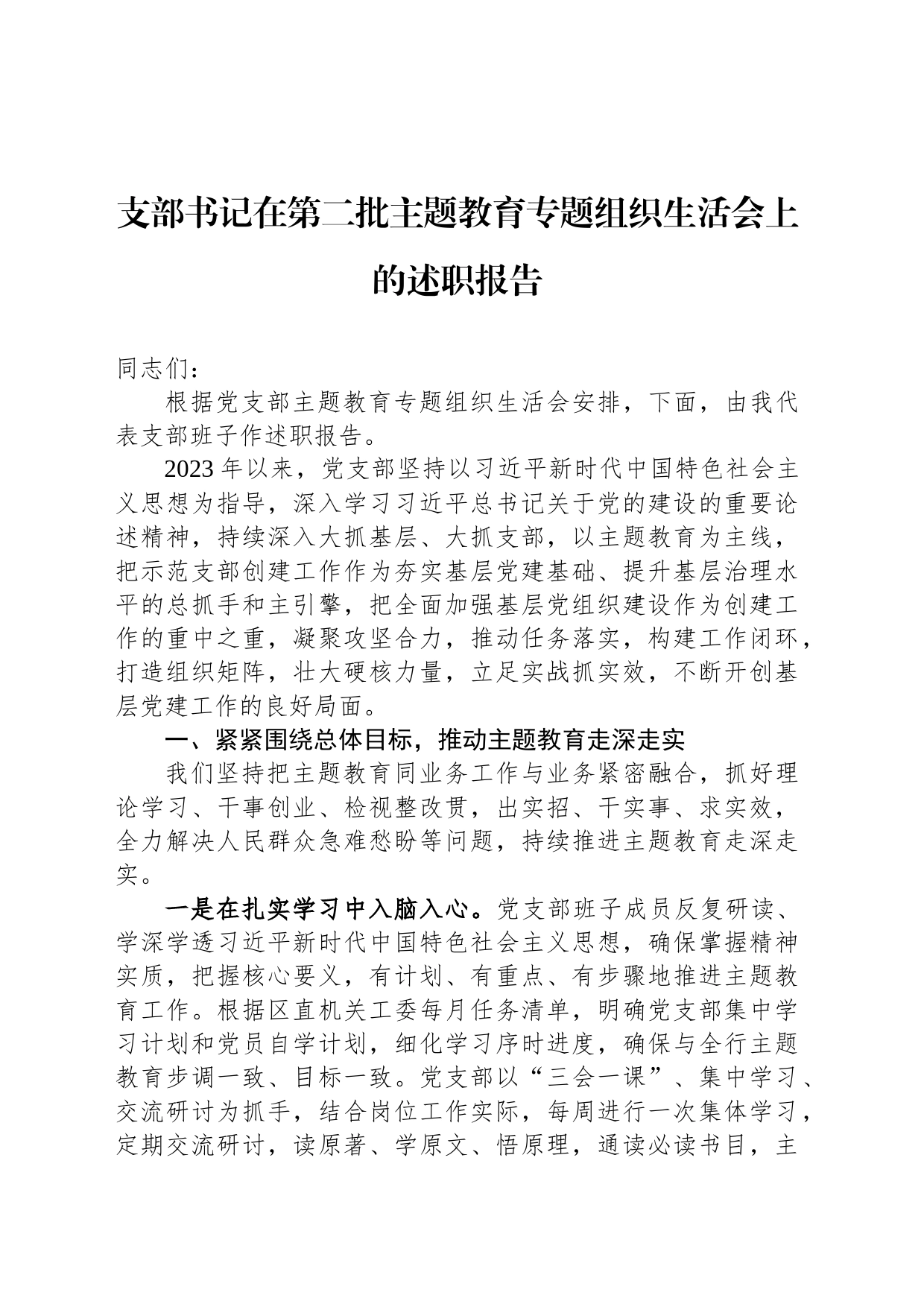 支部书记在第二批主题教育专题组织生活会上的述职报告_第1页