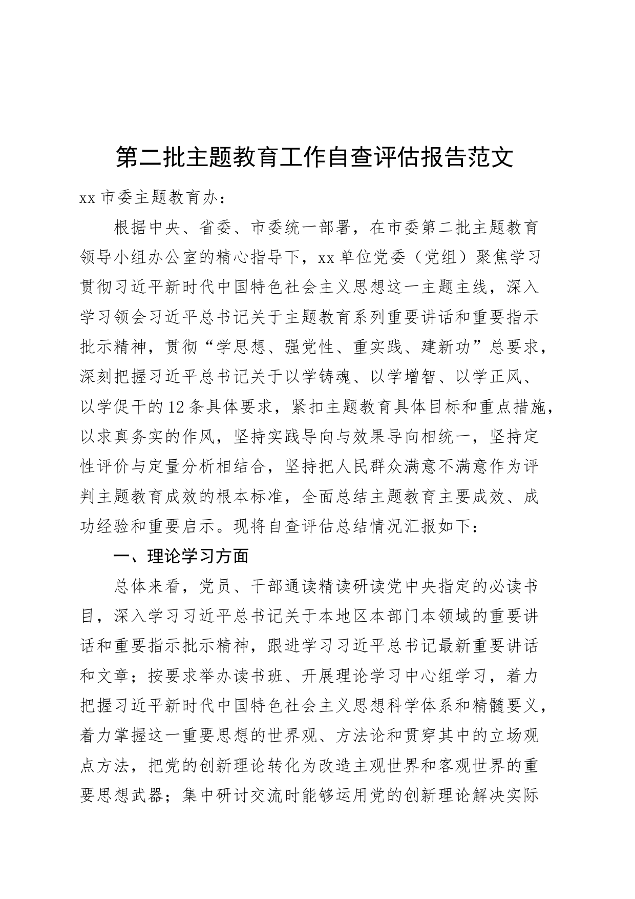 主题教育工作自查评估报告（二批次第理论学习、调查研究、推动发展、检视整改、干部队伍等汇报总结）_第1页