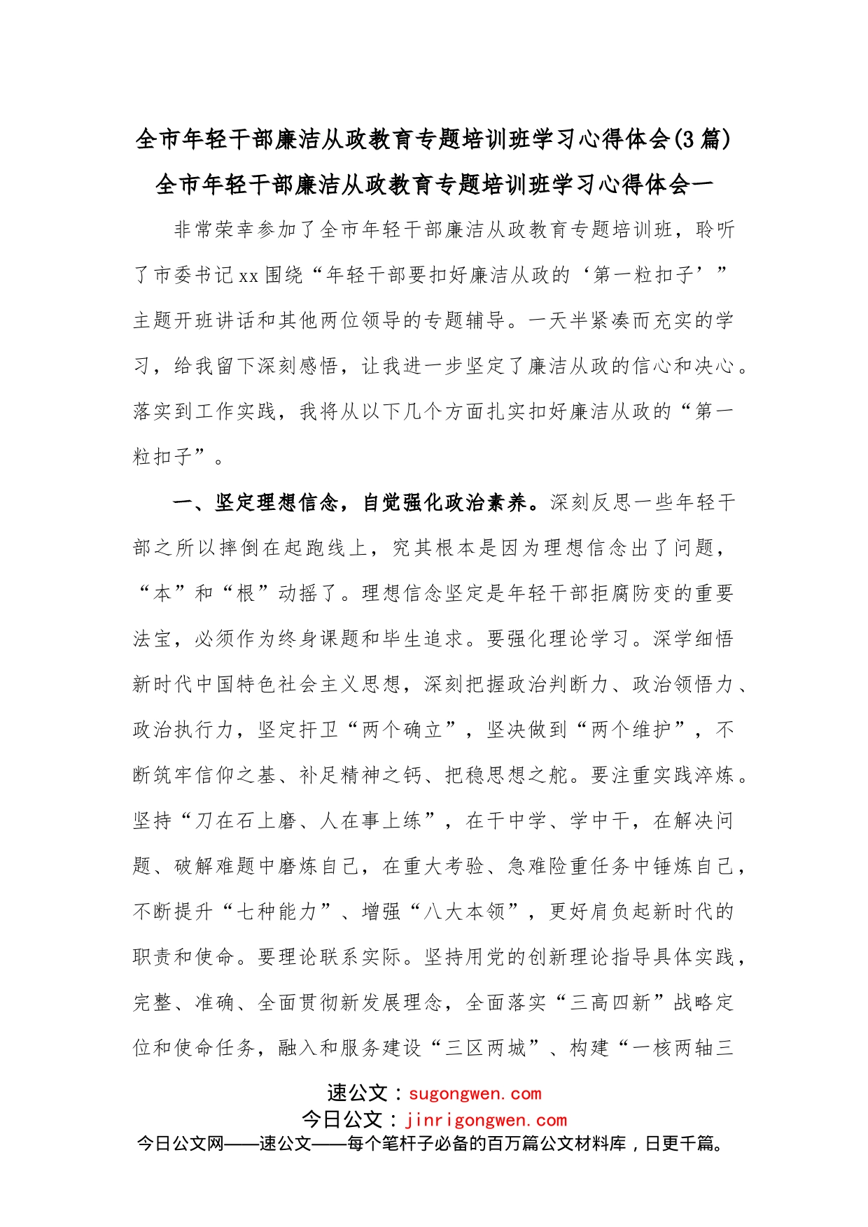 （3篇）全市年轻干部廉洁从政教育专题培训班学习心得体会_第1页