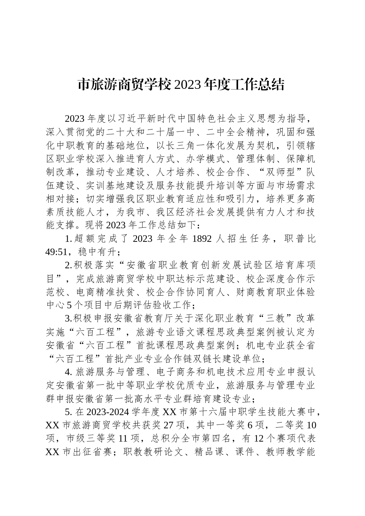 市旅游商贸学校2023年度工作总结（20240203)_第1页